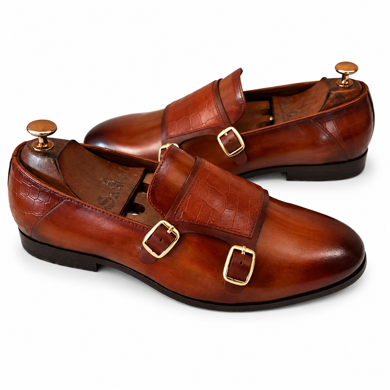 Cognac Croc Prestige Double Monk Strap Loafers – Luxury Leather Shoes