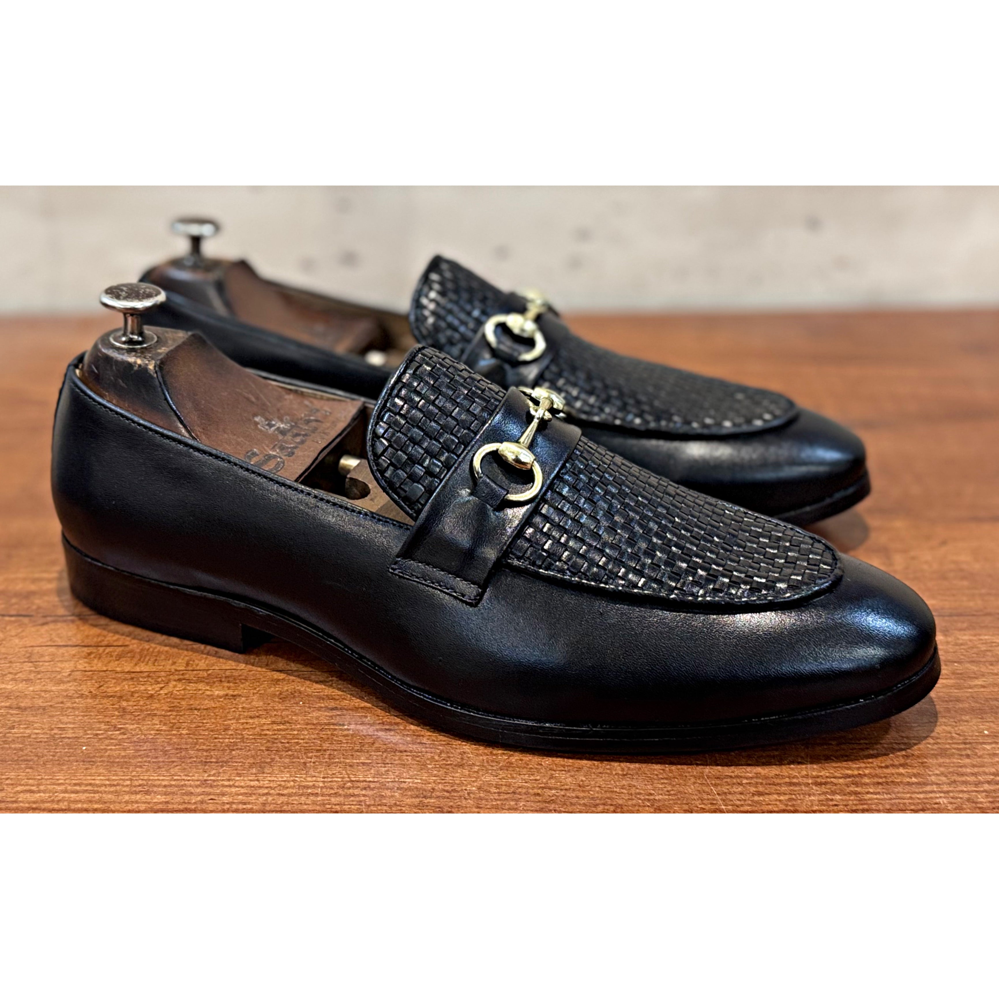 Black Horsebit Loafers With Weave Leather