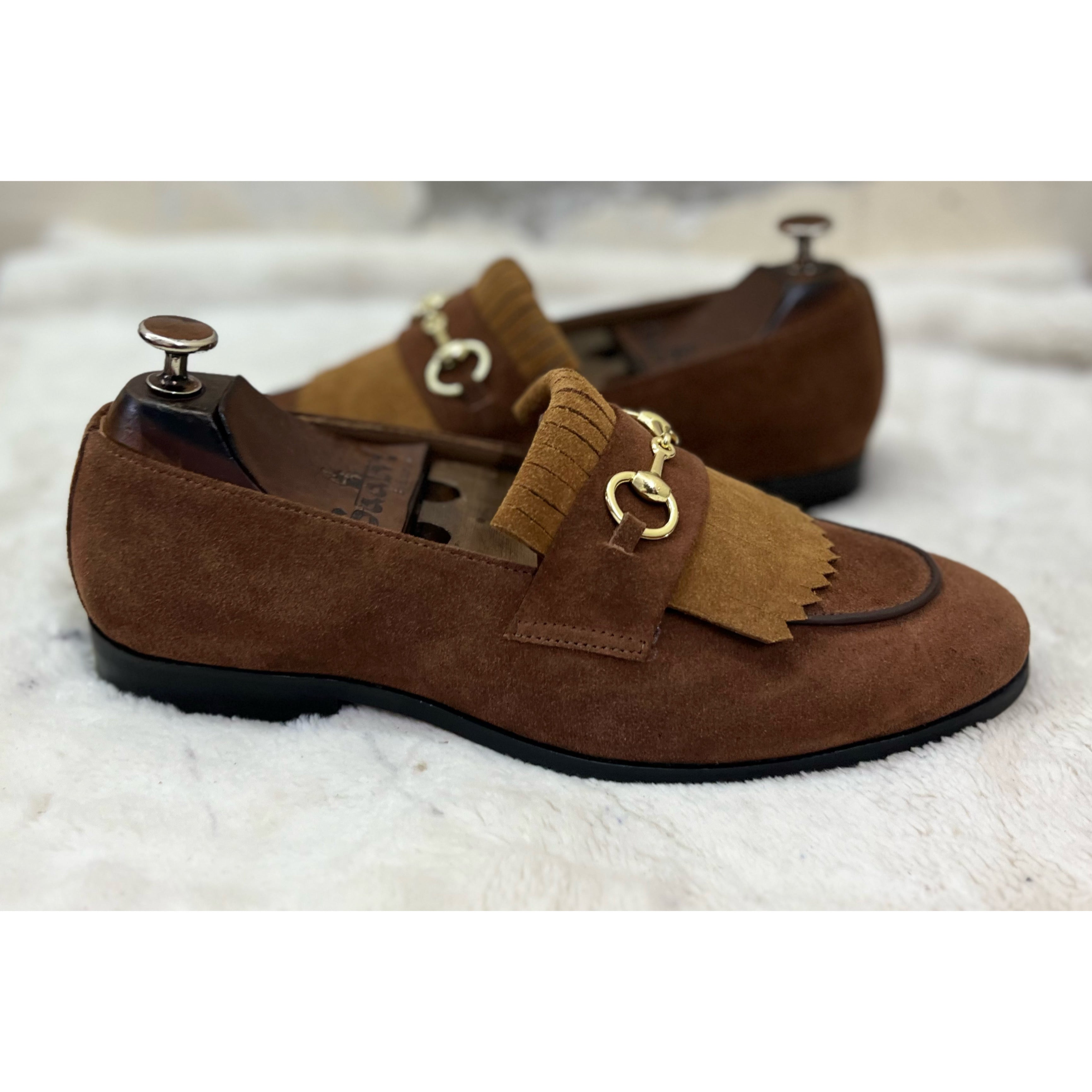 Brown Suede Loafers With Fringes