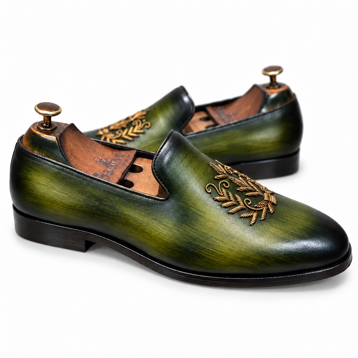 Saalvi Aurelian Forest Green Handcrafted Leather Zardosi Loafers