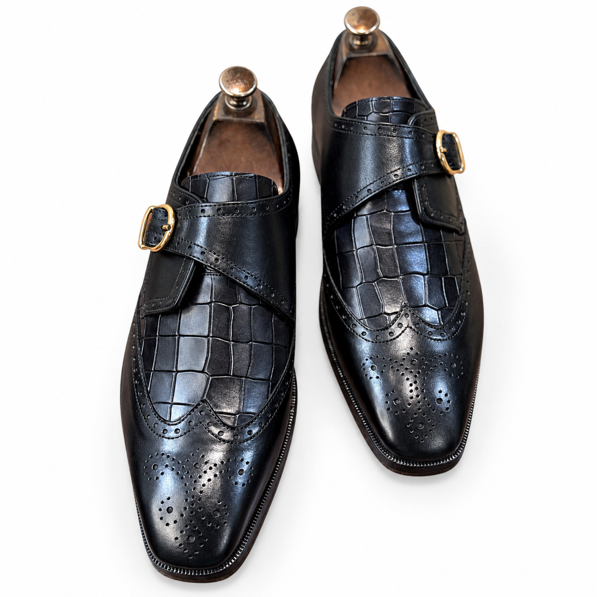 Noir Croco Regent Single Monk Brogue Shoes
