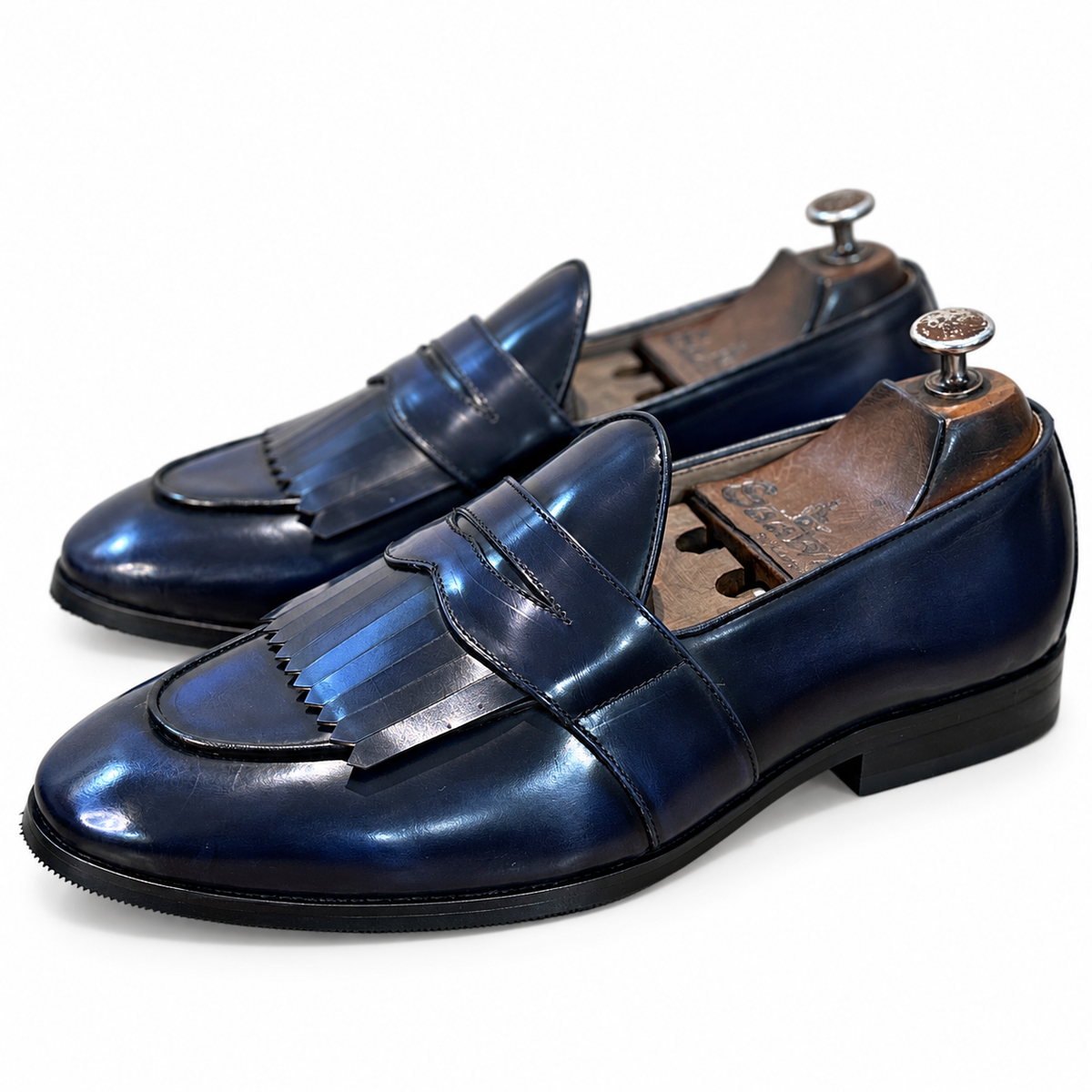 Blue Belgian Loafers for Men – Leather Fringe Slip-On Formal Shoes