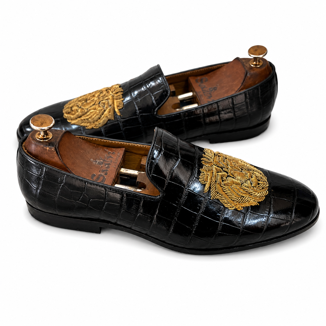 Black Croco Lion Zardosi Slipons