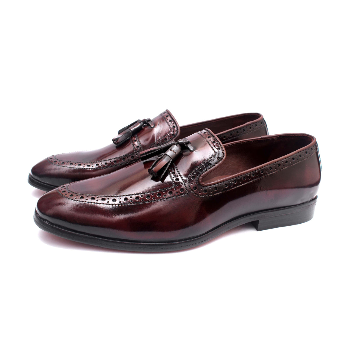 Valmont Bordeaux Hand-Patina Brogue Tassel Loafers