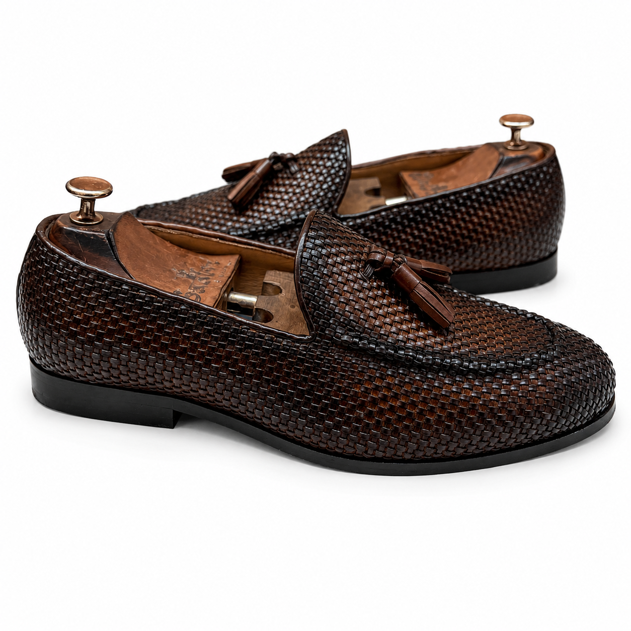 Brown Hand Woven Loafers With Tassels