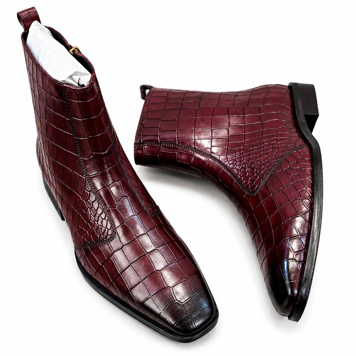 Bordeaux Croco Hand-Patina Leather Ankle Boots