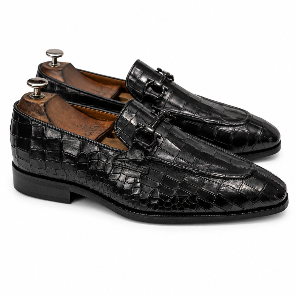 Black Crocodile Loafers With Black Metal Trim
