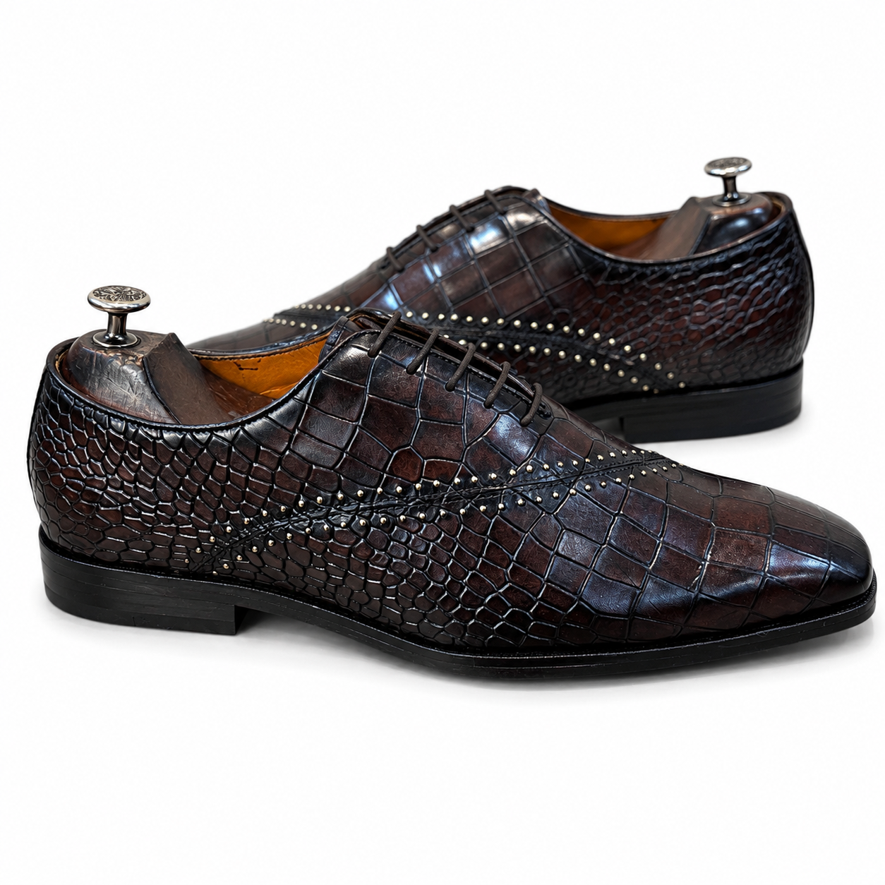 Men’s Luxury Croc-Embossed Leather Oxford Shoes – Handcrafted Dark Brown Formal Dress Shoes