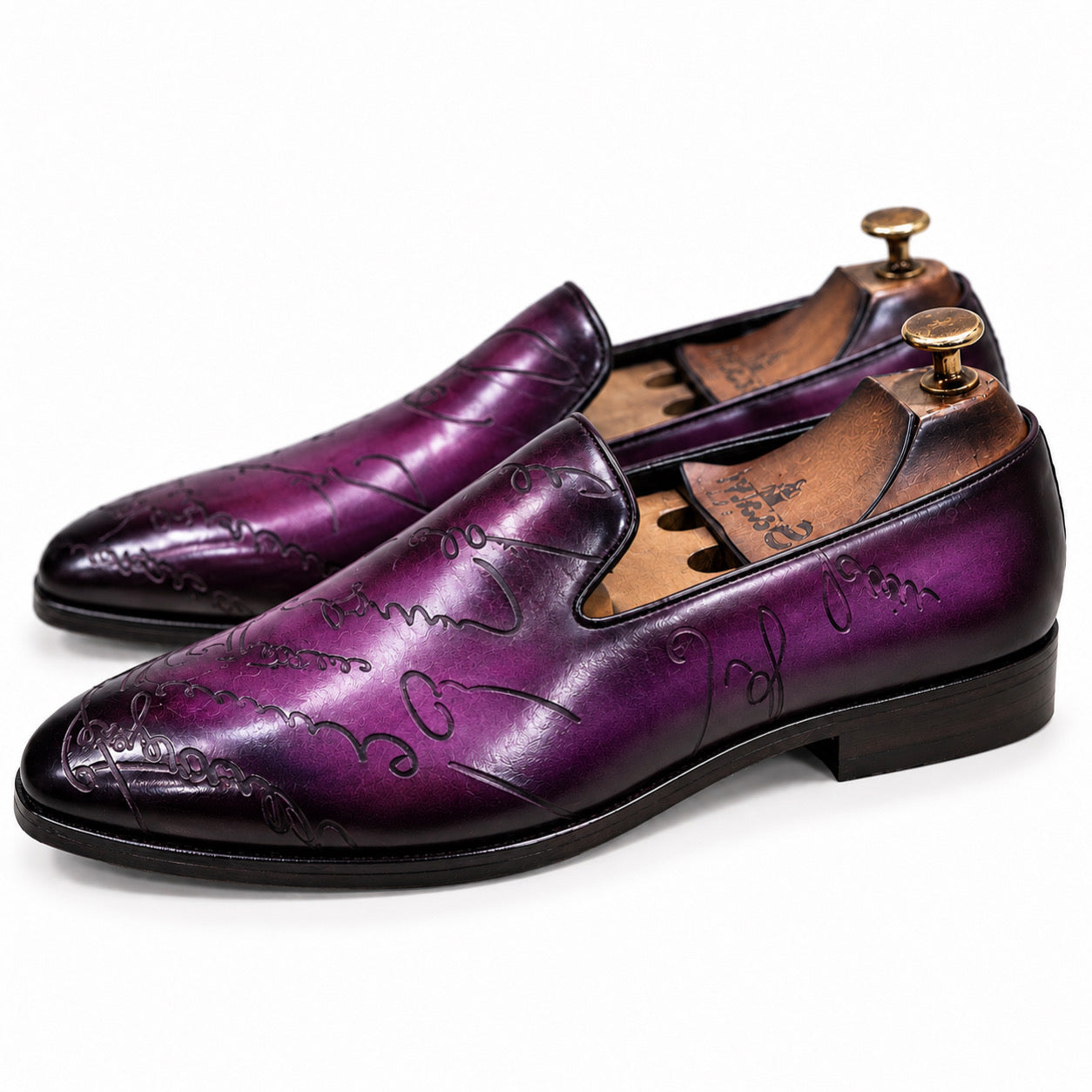 Saalvi Royal Purple Hand-Patina Embossed Leather Loafers for Men