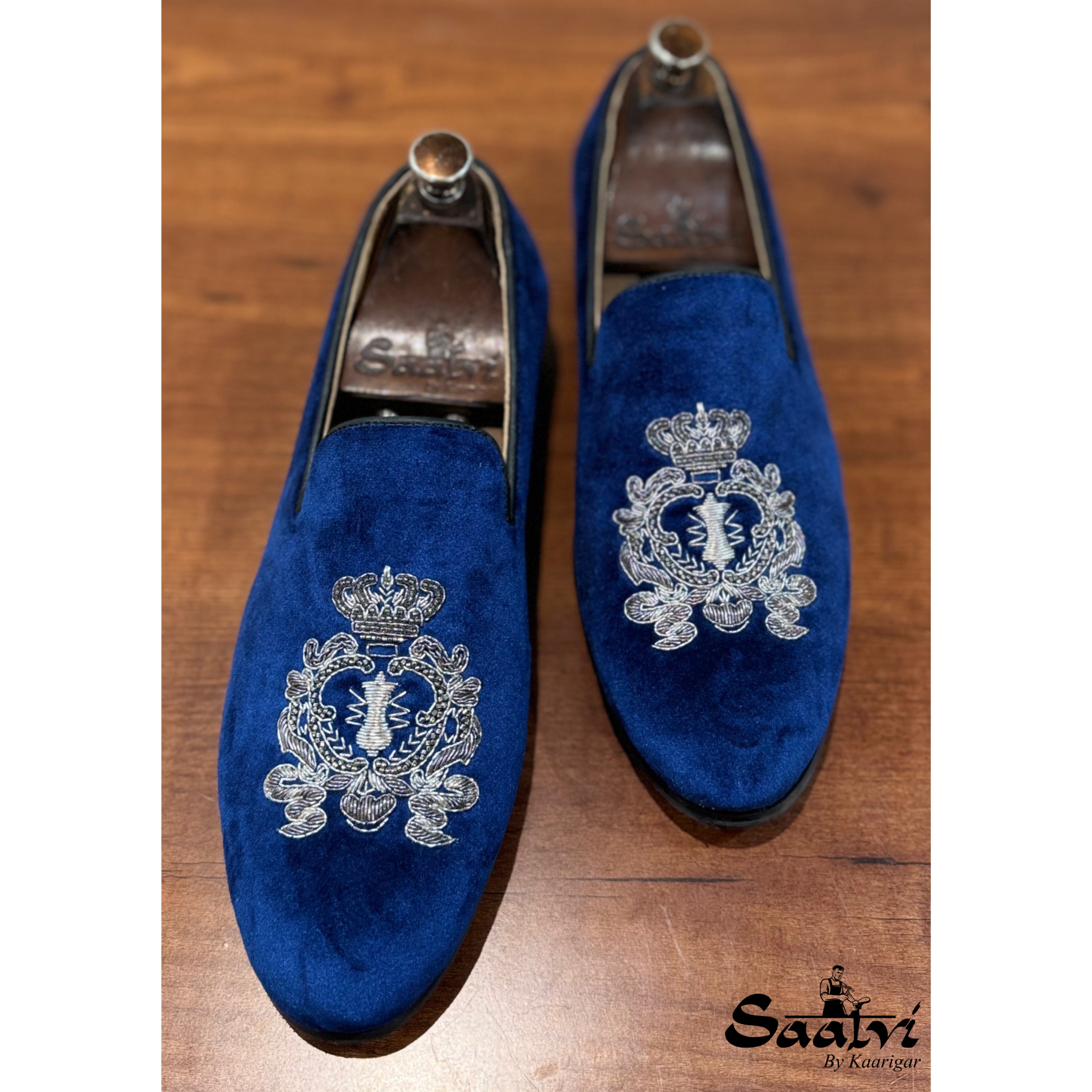 Blue Velvet Embroidery Slipons