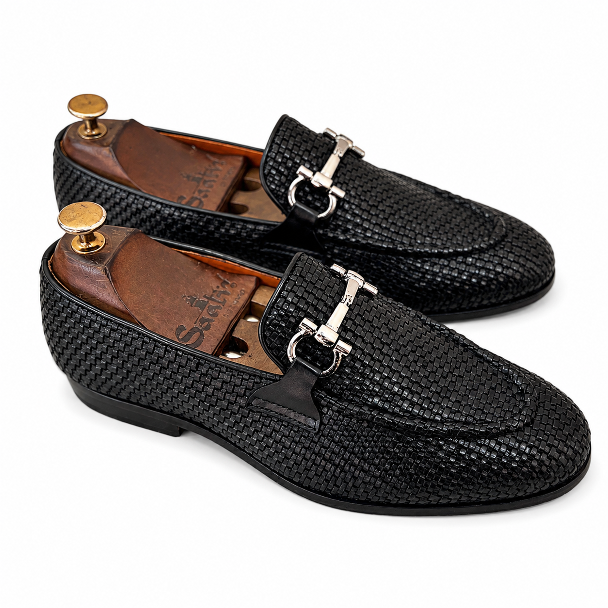 Black Hand Woven Loafers With Silver Metal Trim