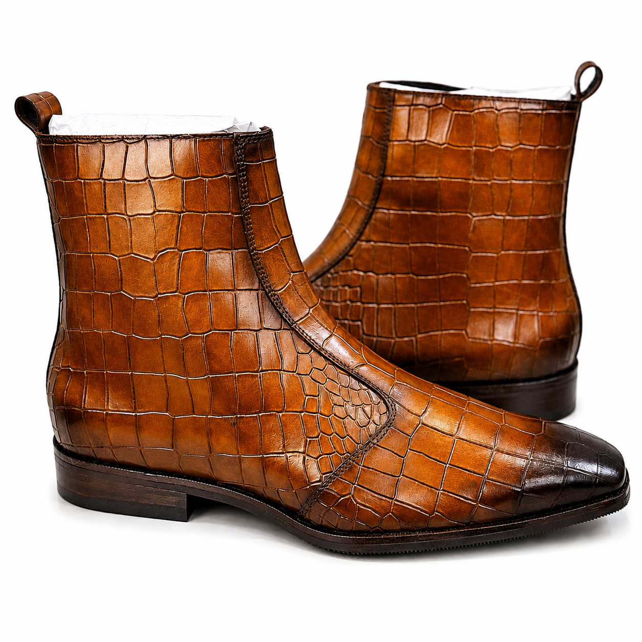 Cognac Croco Embossed Leather Ankle Boots