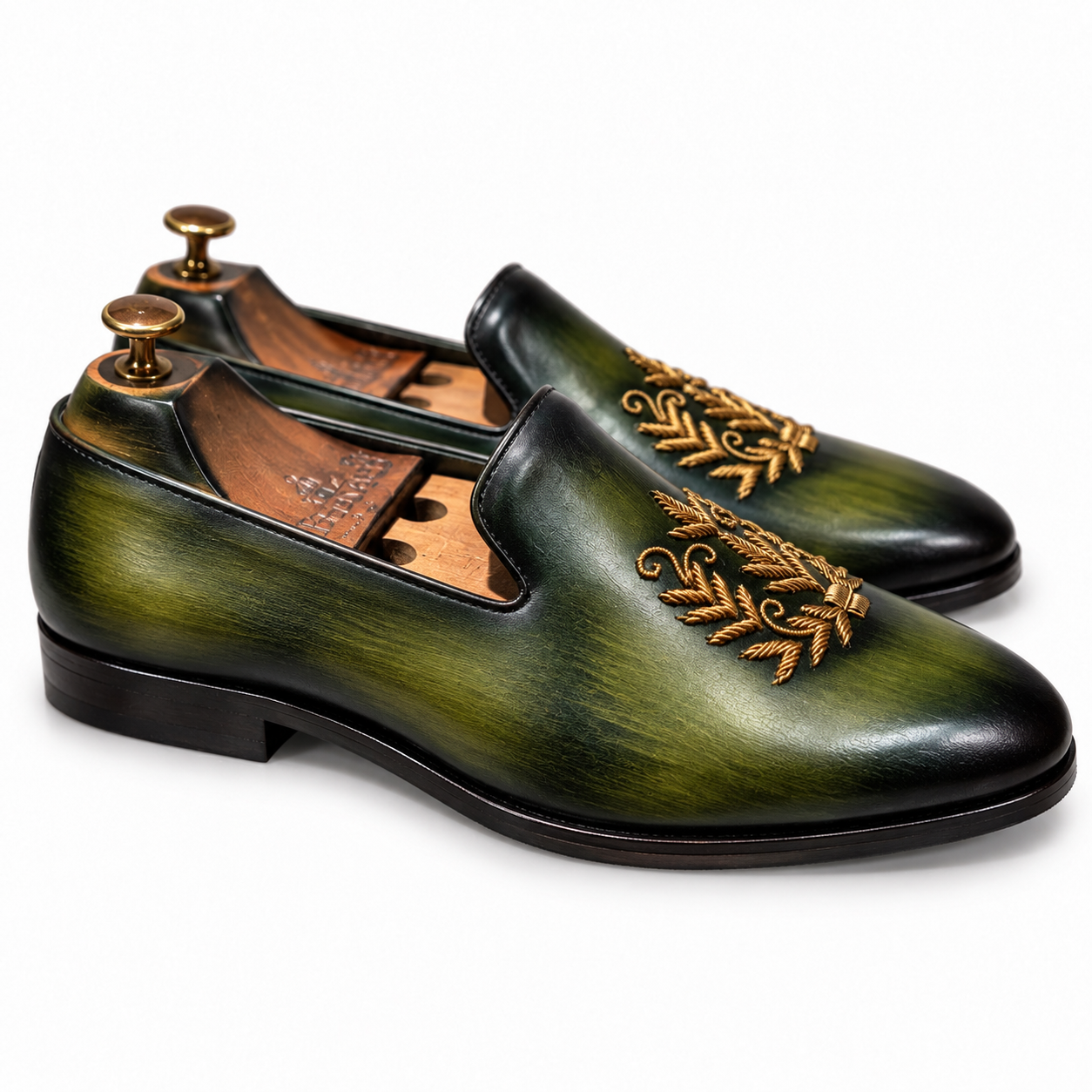 Saalvi Aurelian Forest Green Handcrafted Leather Zardosi Loafers