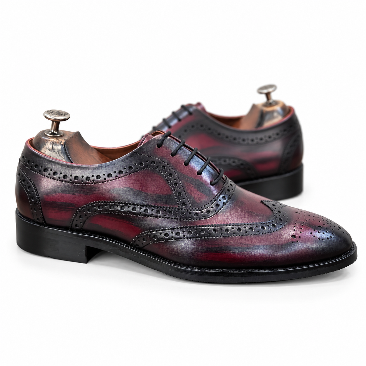 Burgundy Eclipse Hand-Patina Wingtip Oxford Shoes