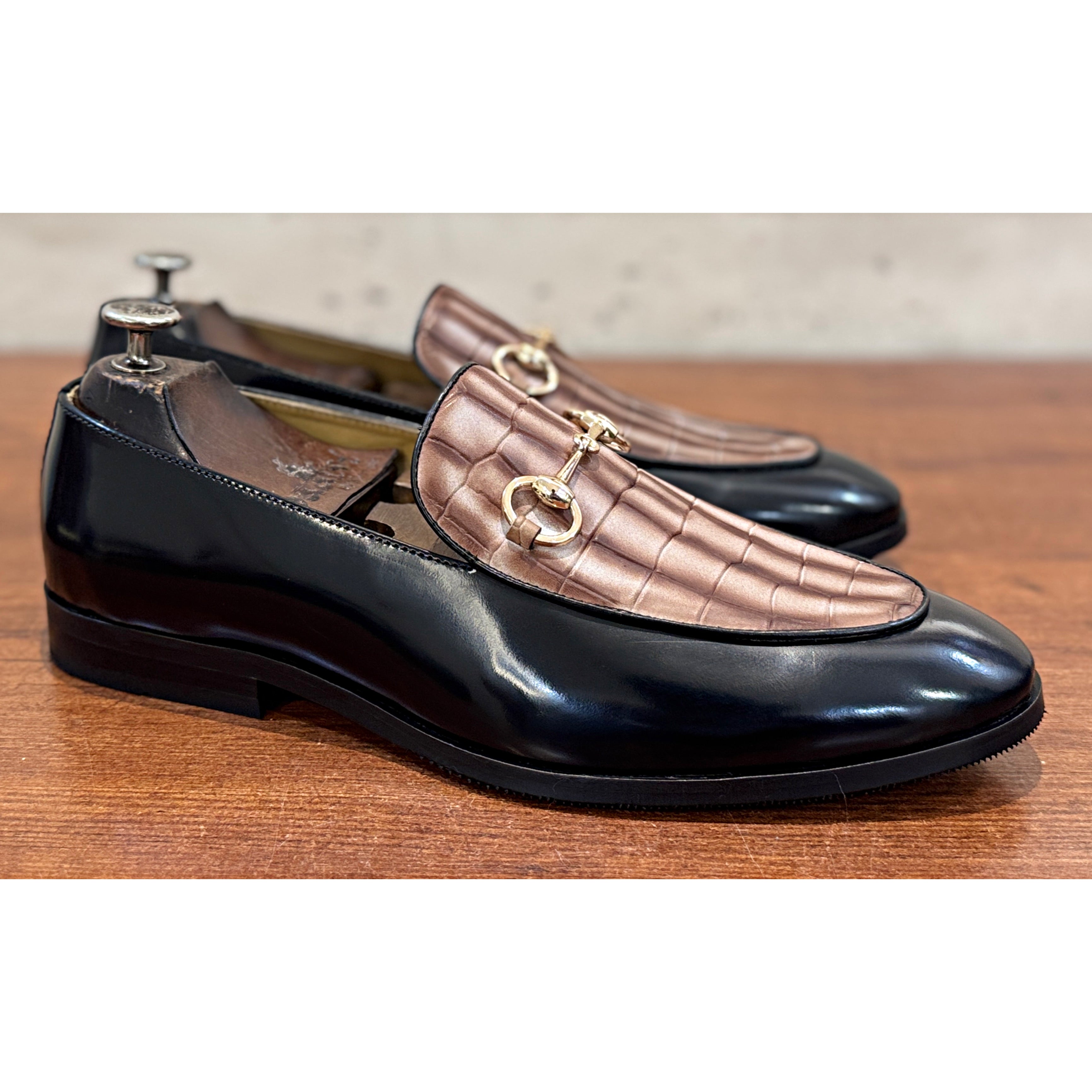 The Noir Croco Horsebit Loafer – Black & Bronze Luxury Leather Loafers
