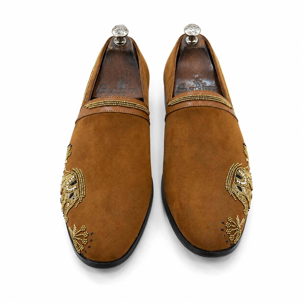 Cognac Elephant Embroidered Beaded Loafers