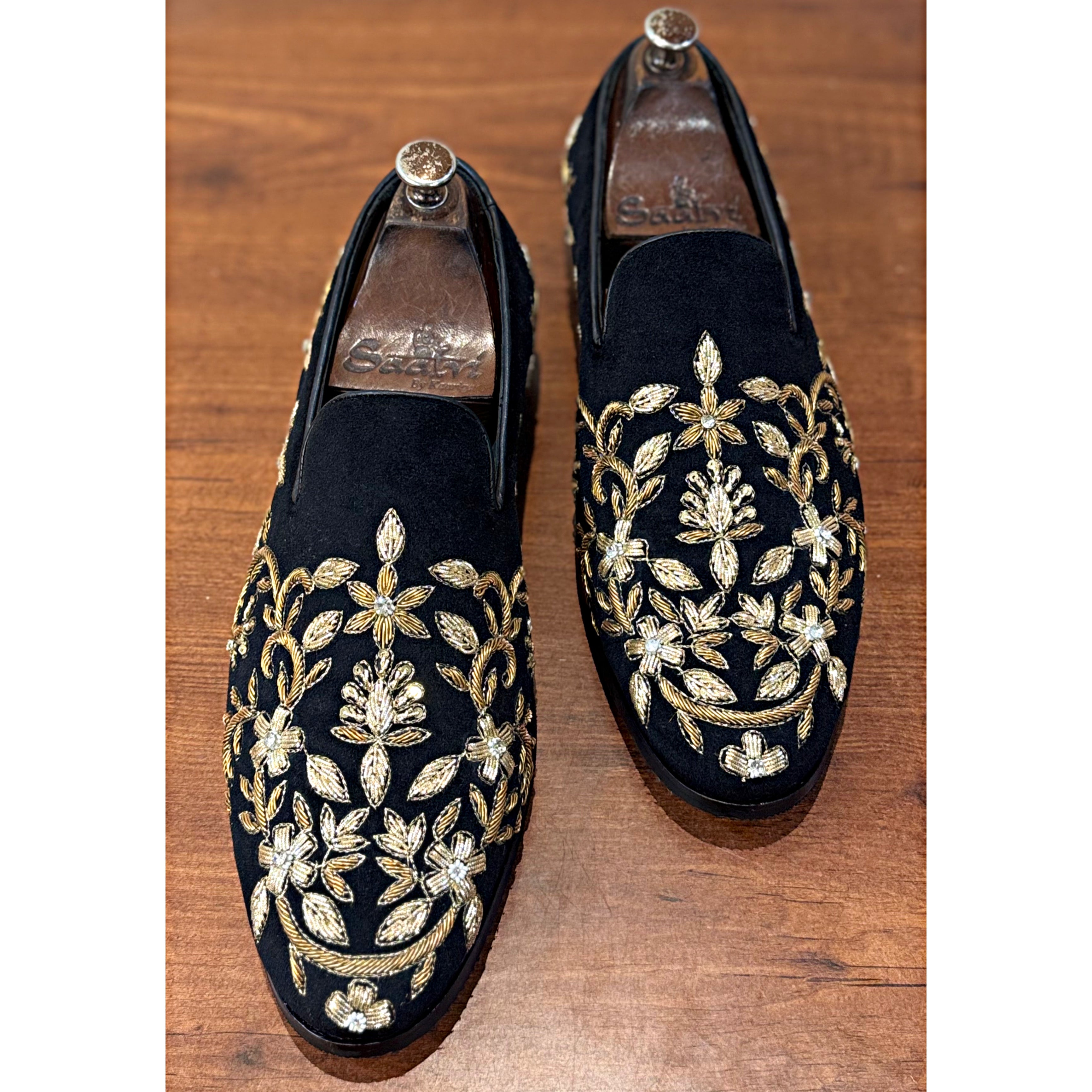 Black Velvet Flower Embroidery Slipons