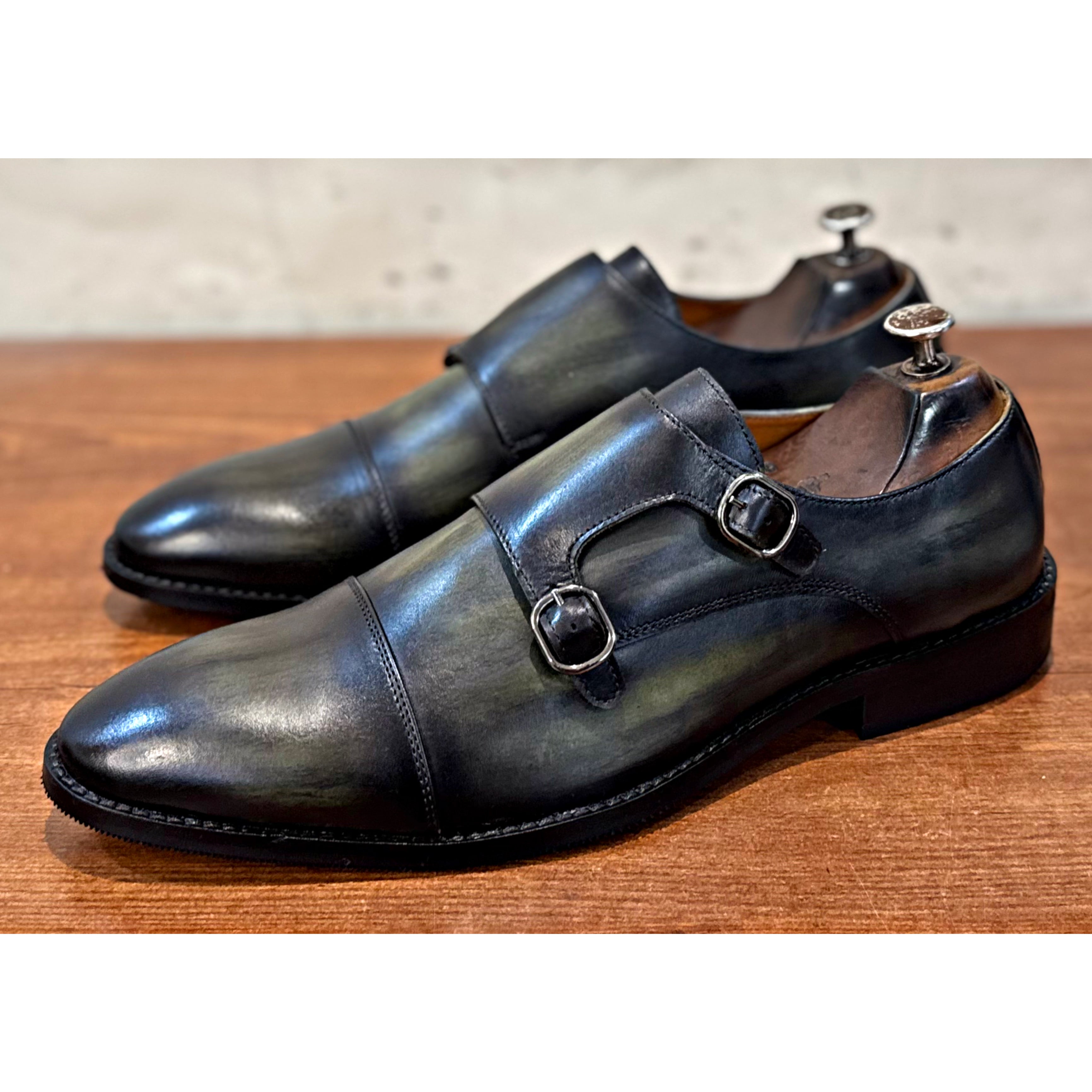 Green Leather Toe Cap Double Monk Straps