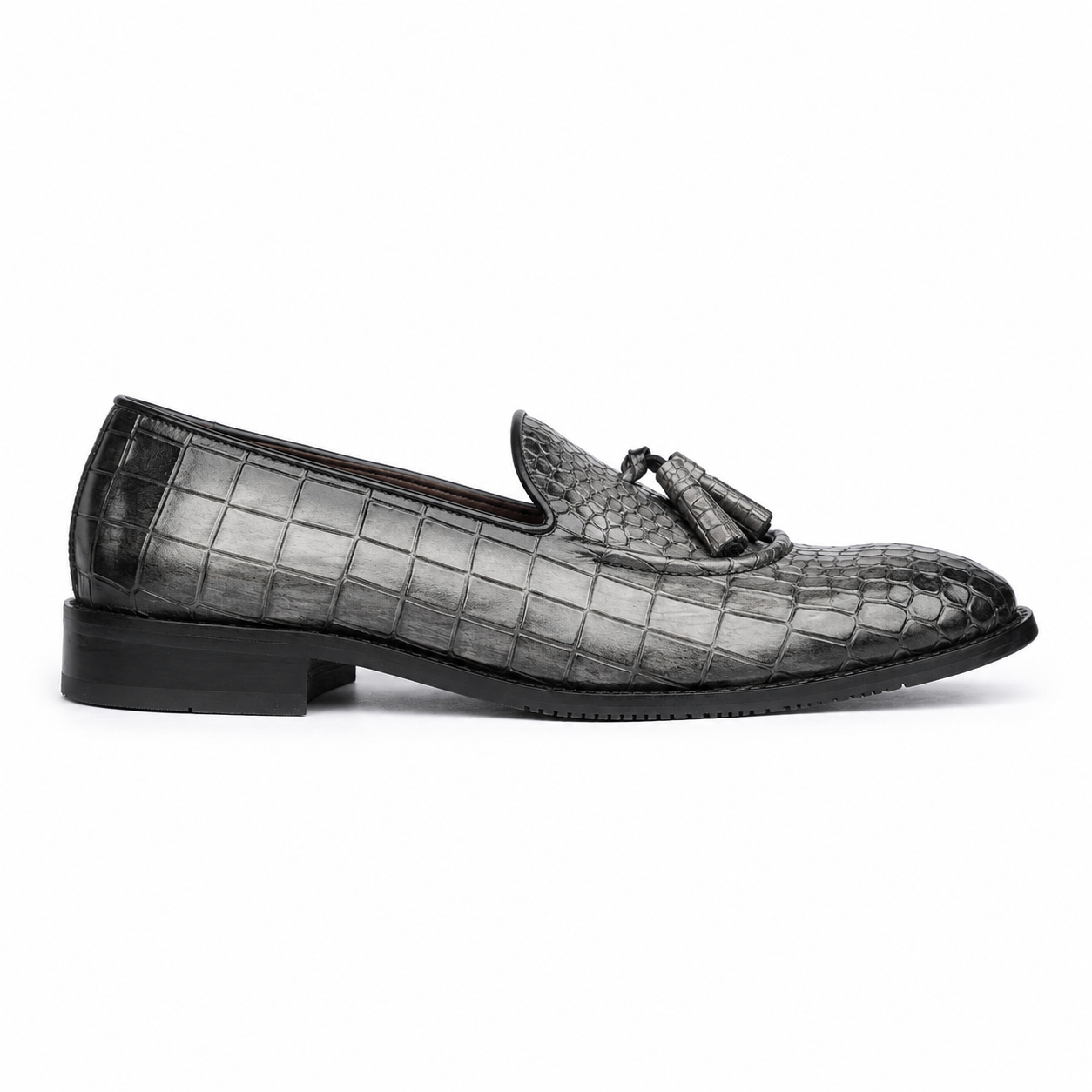 The Obsidian Crest – Black Croc Tassel Loafers