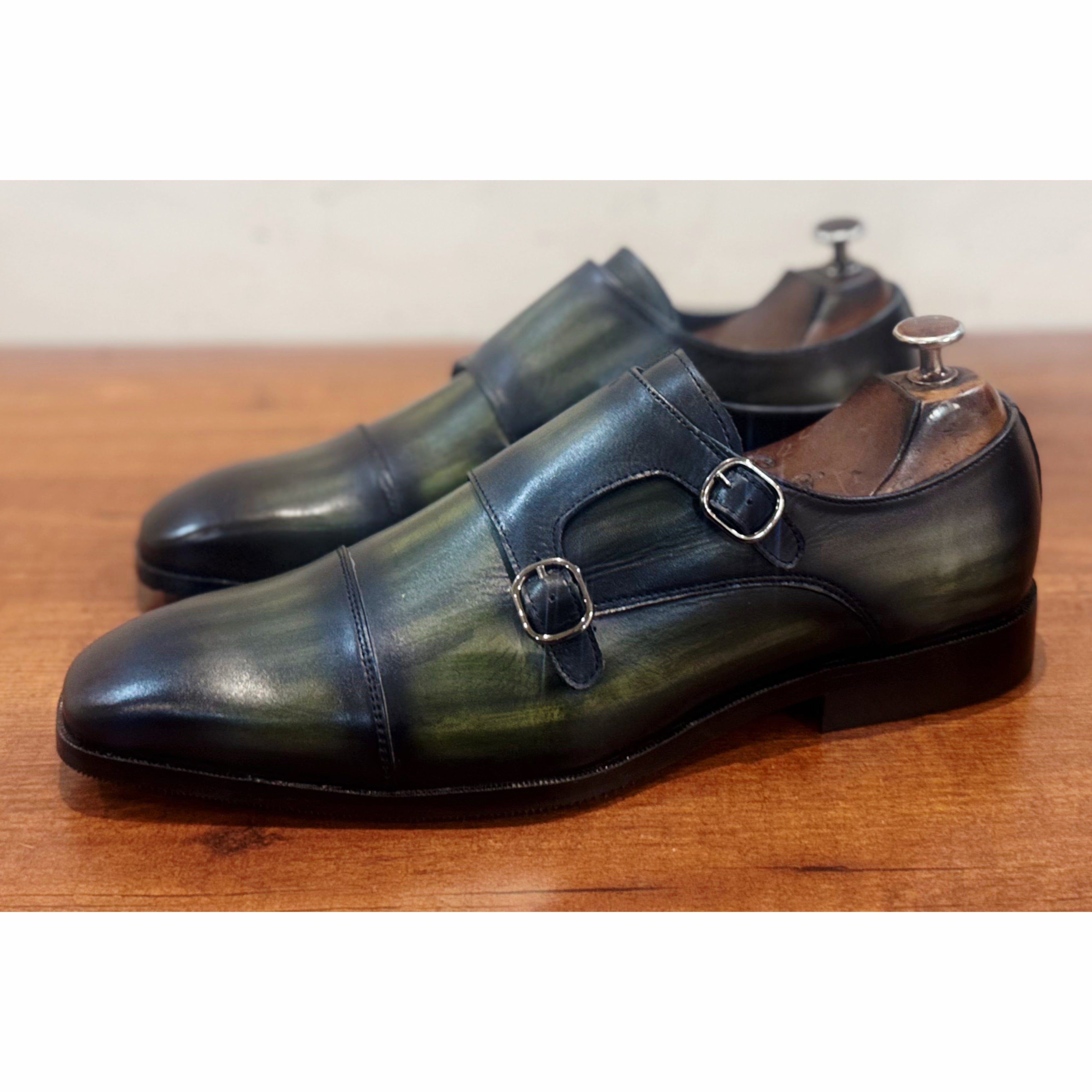 Double Monk Straps Green Hand Patina