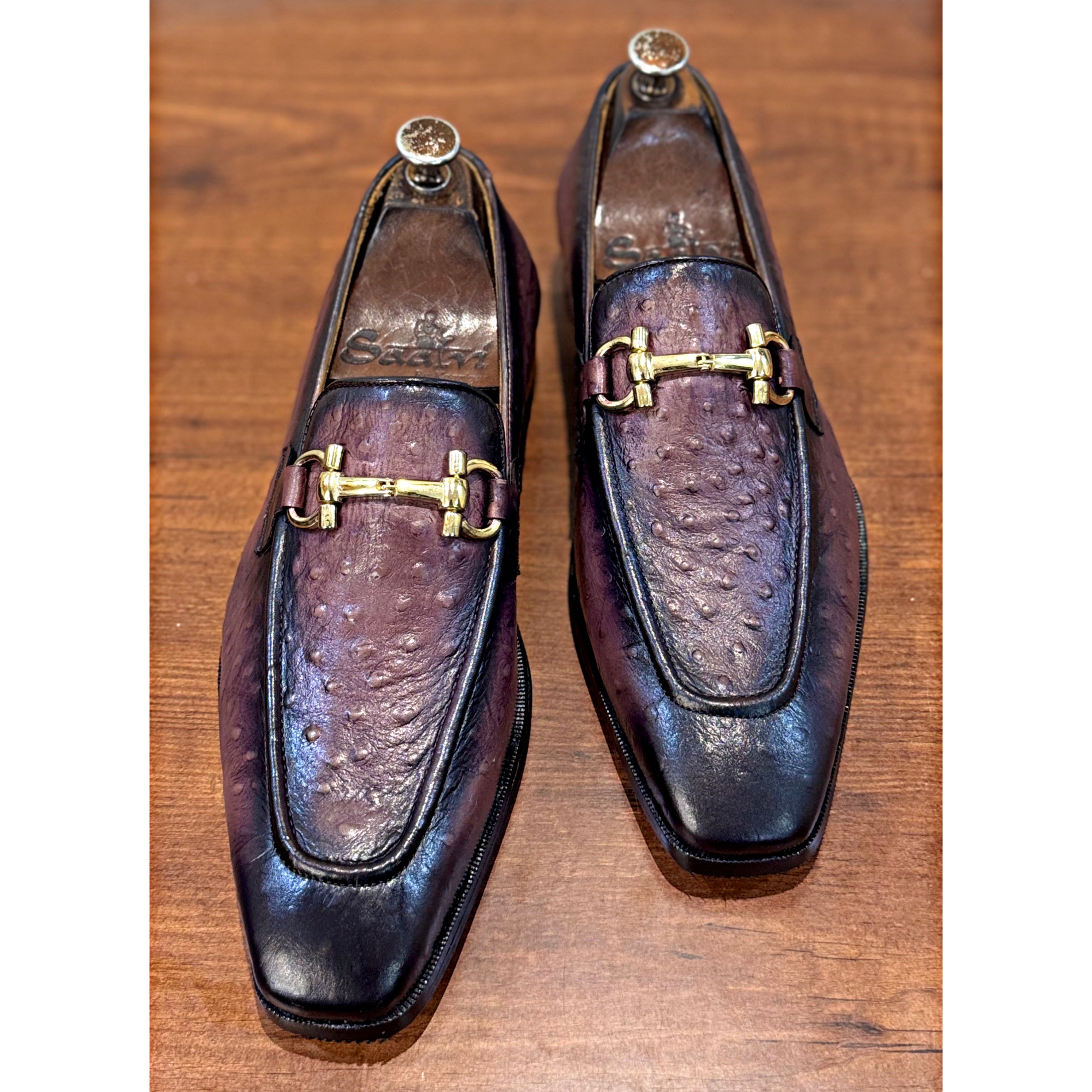 Ostrich Hand Patina Loafers With Buckle