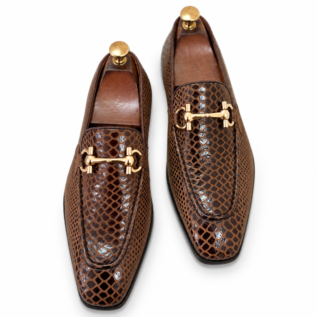 Cavaro Brown Snake Foil Horsebit Loafers