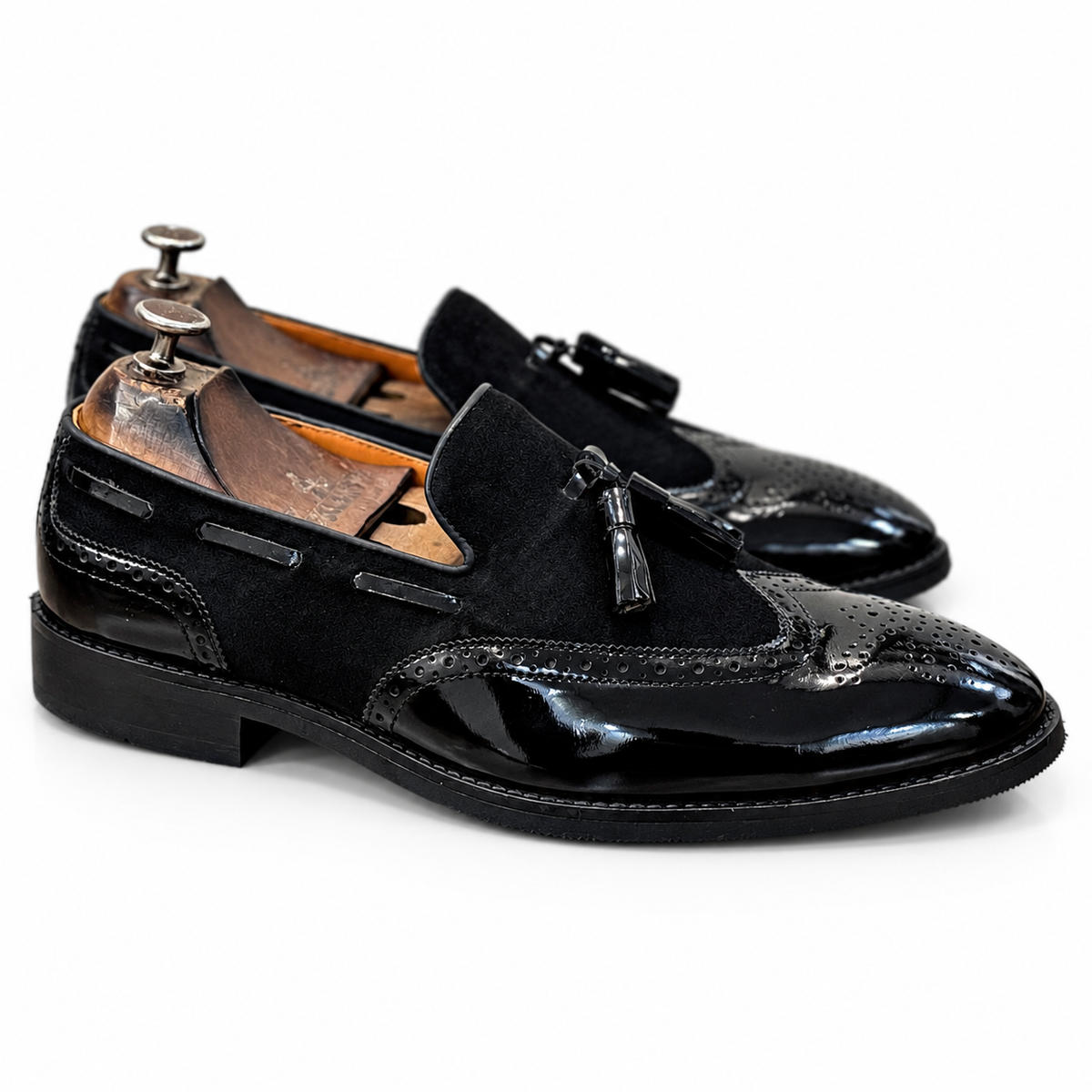 Noir Regent Patent Wingtip Tassel Loafers