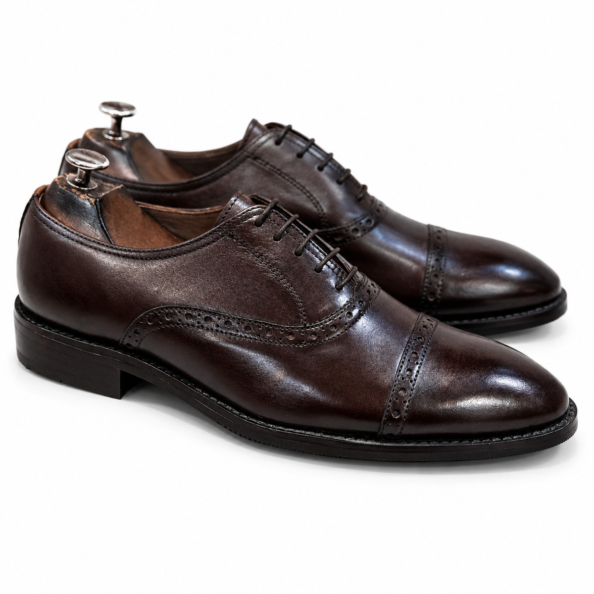 Dark Brown Cap Toe Brogue Leather Oxford Shoes