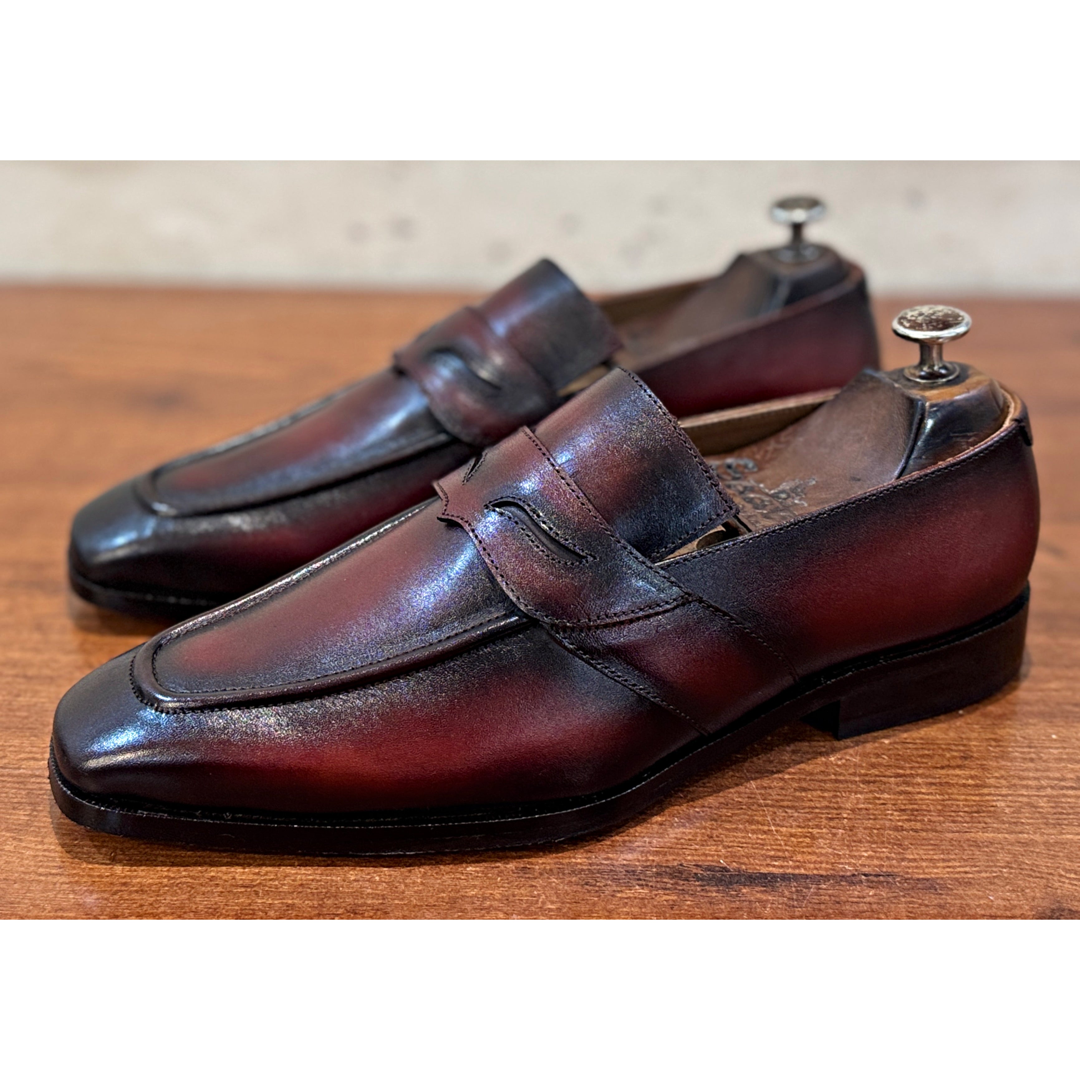 The Lorenzo Rosso Loafer – Handmade Burgundy Patina Penny Loafers