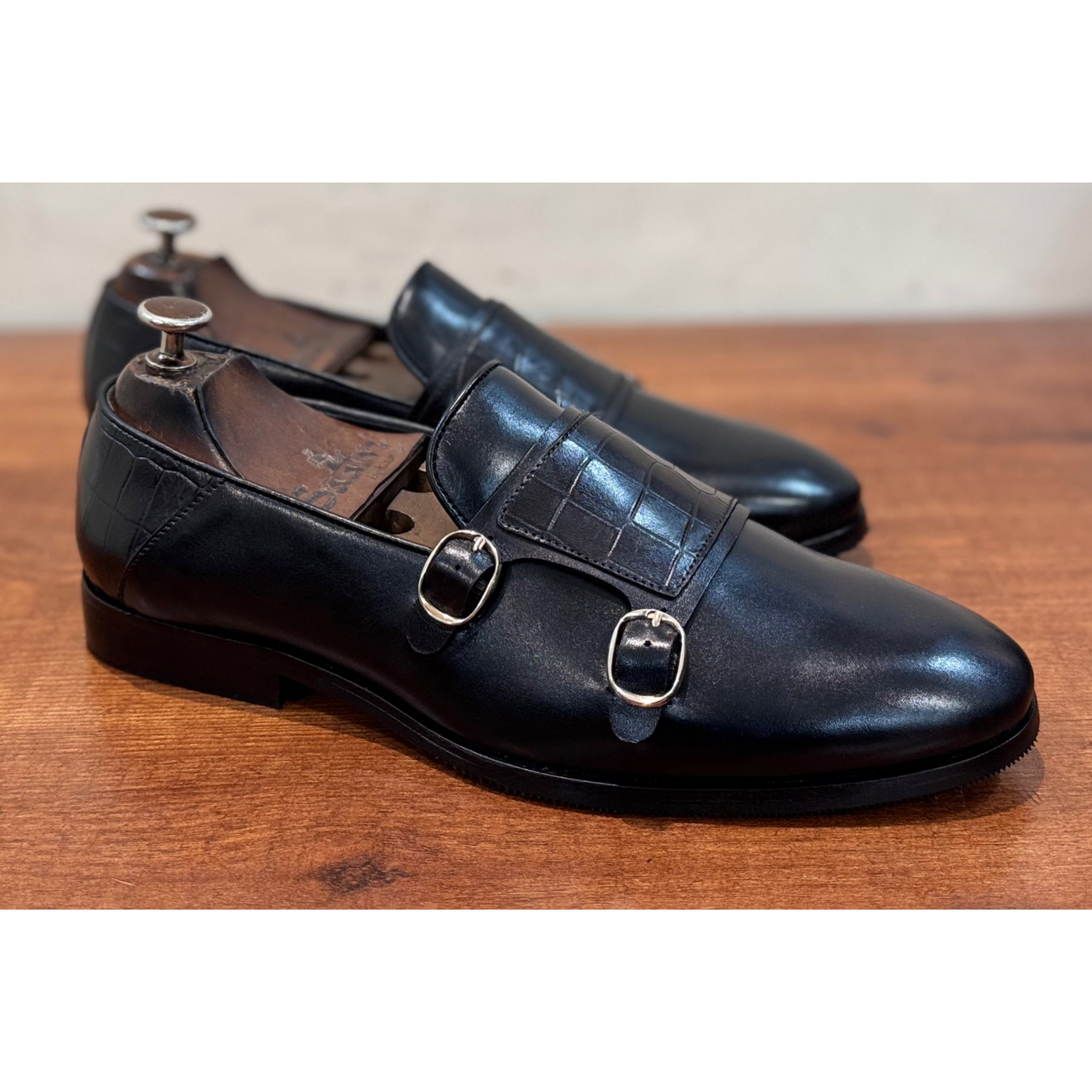 Black Double Monk Strap Loafers