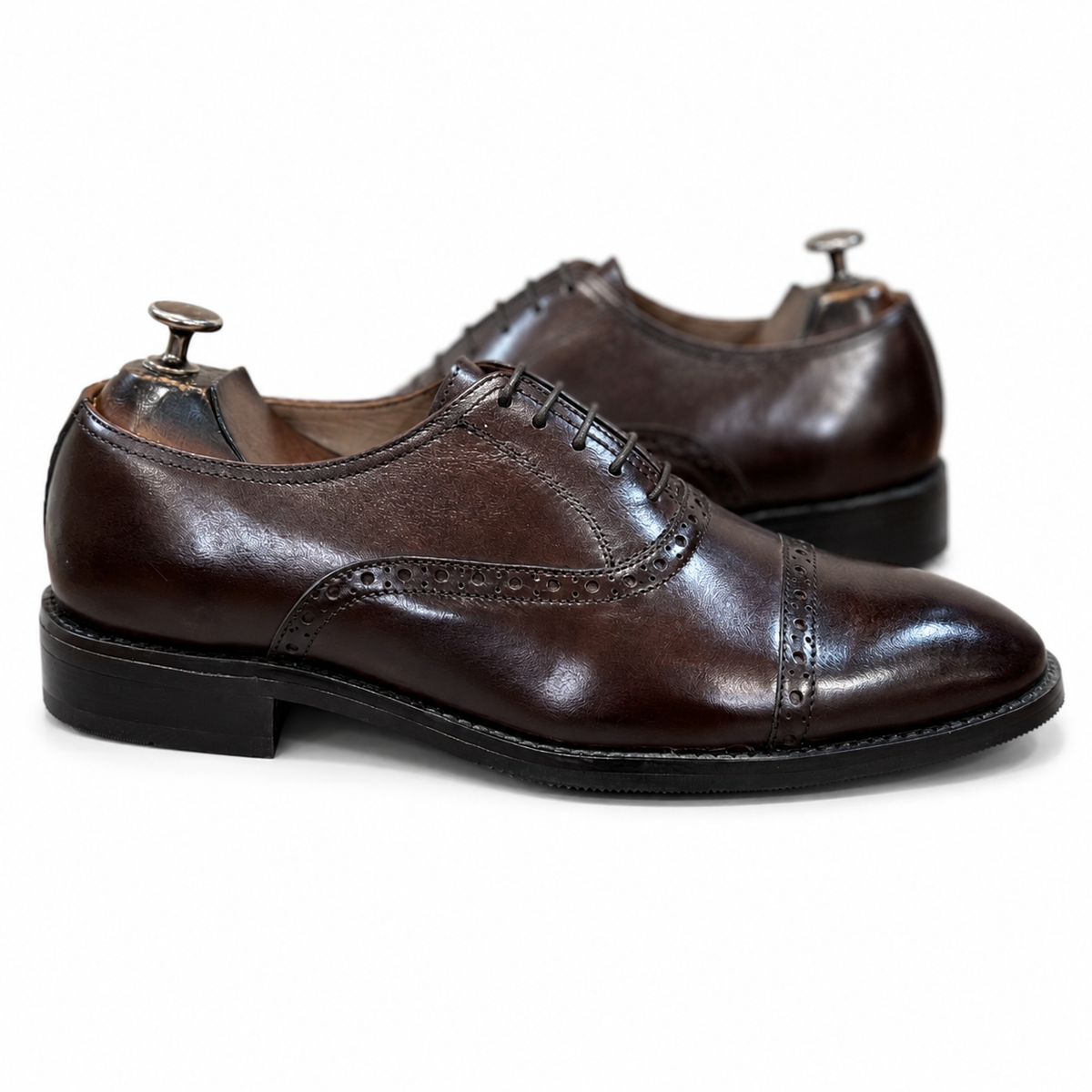 Dark Brown Cap Toe Brogue Leather Oxford Shoes