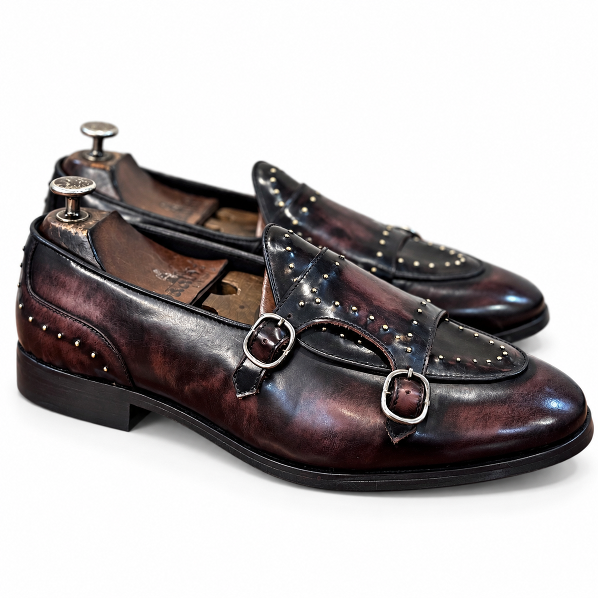 Noir Burgundy Double Monk Studded Shoes