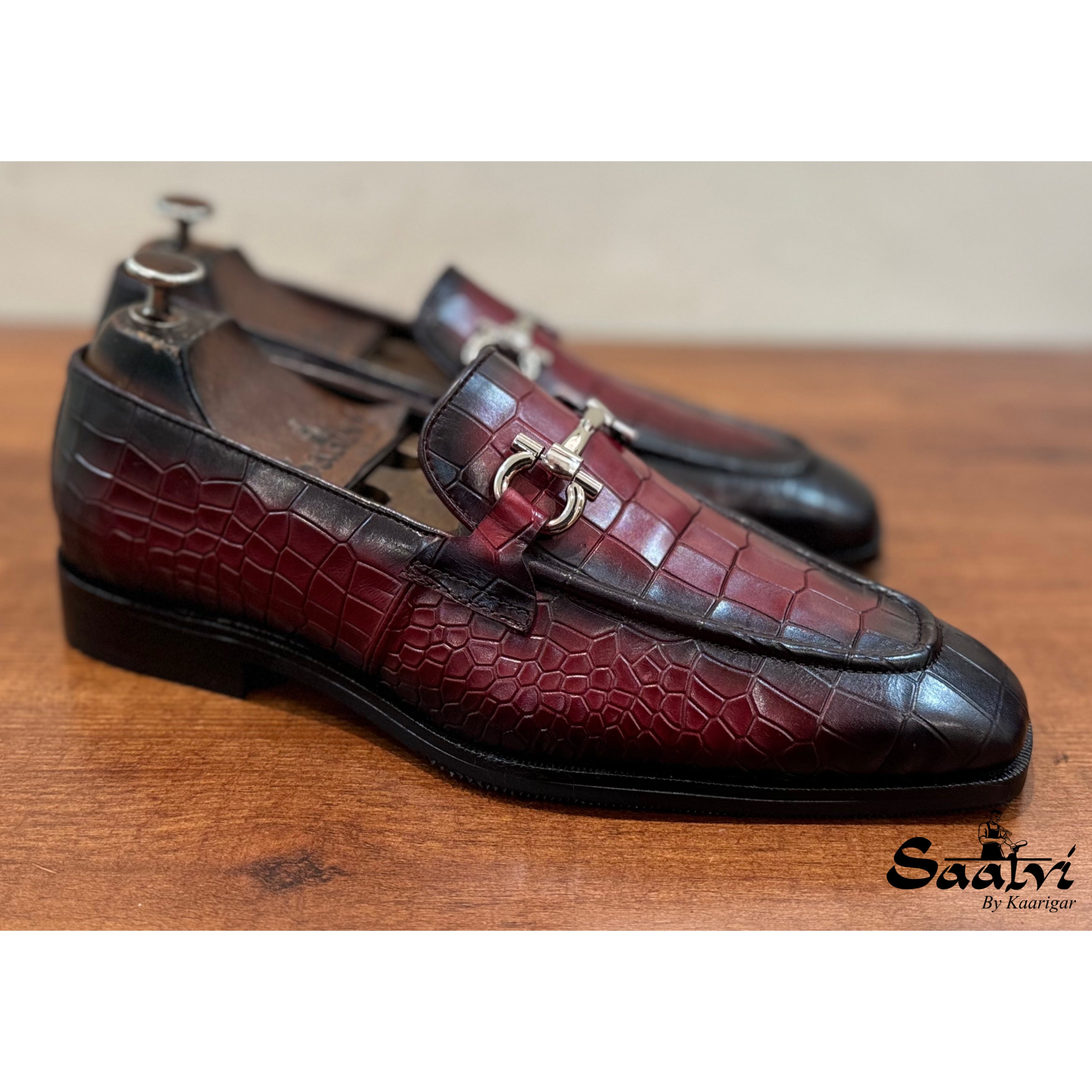 Wine Croco Loafers With Buckle