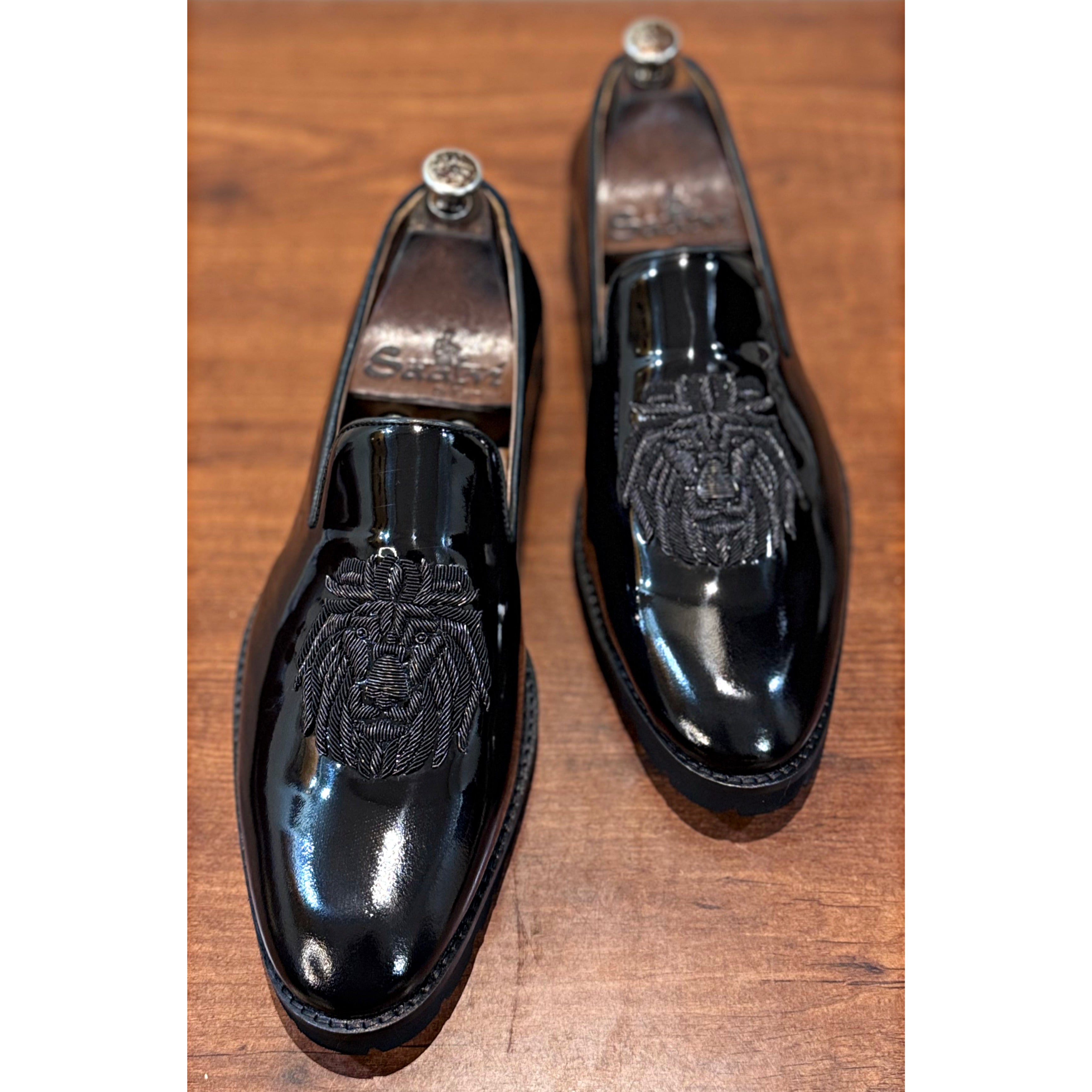 Black Patent Lion Black Zardosi Slipon Chunky