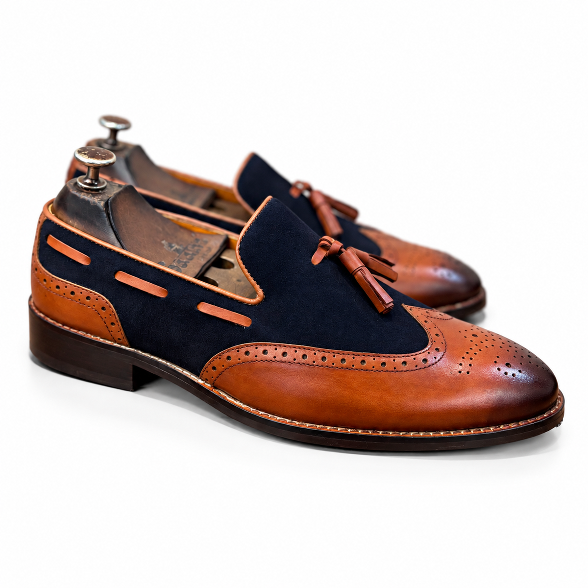 Navy Cognac Sovereign Wingtip Tassel Loafers