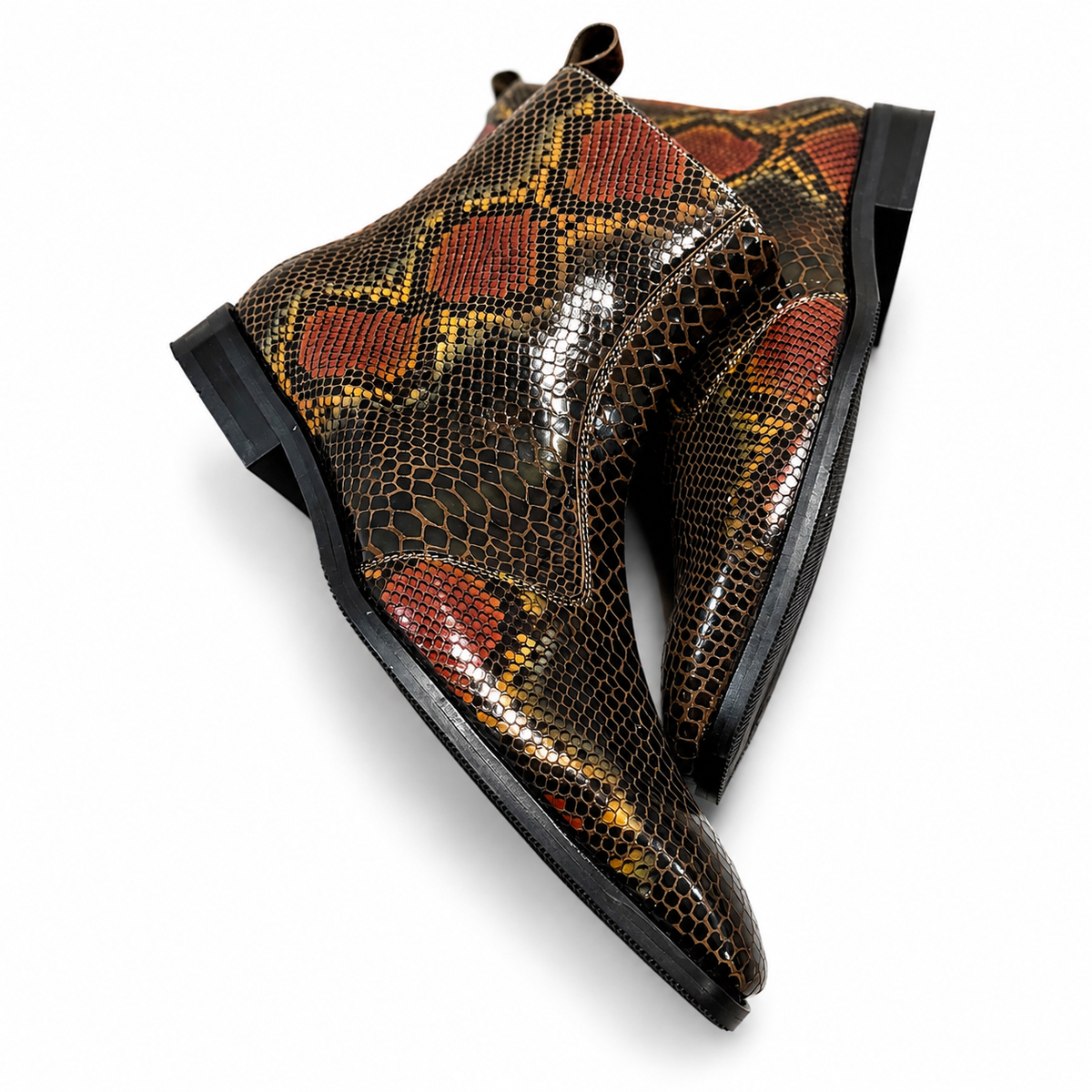 Cognac Serpentine Foil Leather Ankle Boots