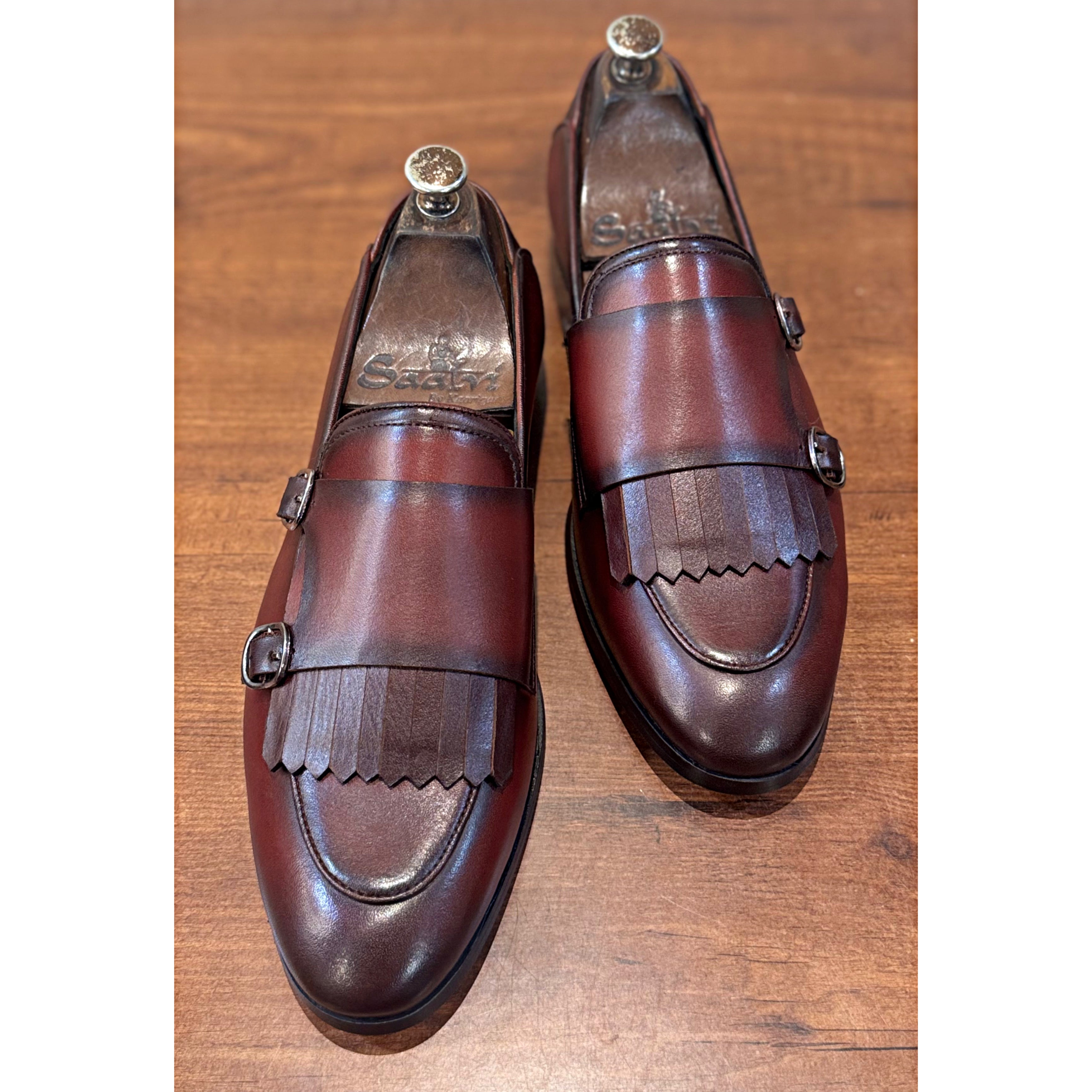 Brown Double Monk Strap Loafers With Fringes