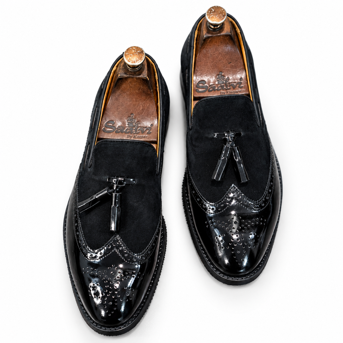 Noir Regent Patent Wingtip Tassel Loafers