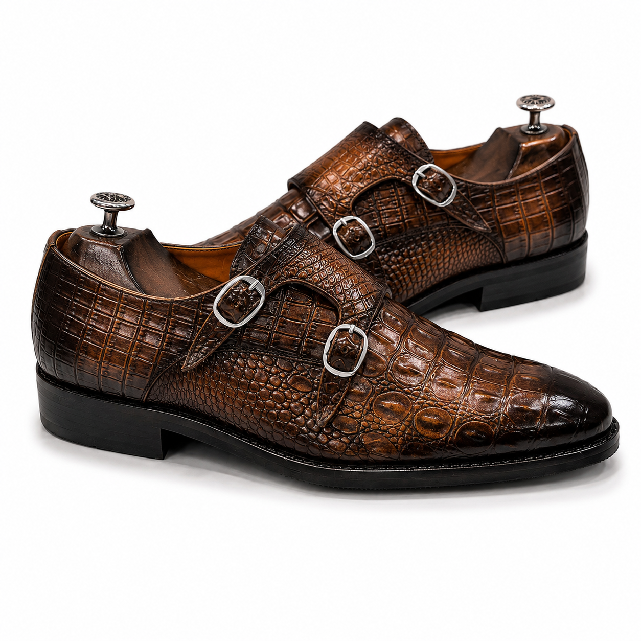 Chestnut Embossed Leather Double Monk Strap Shoes
