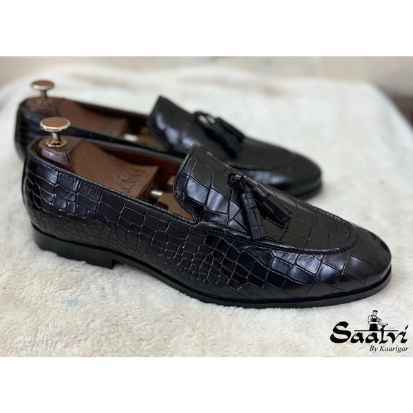 Black Crocodile Loafers With Tassels