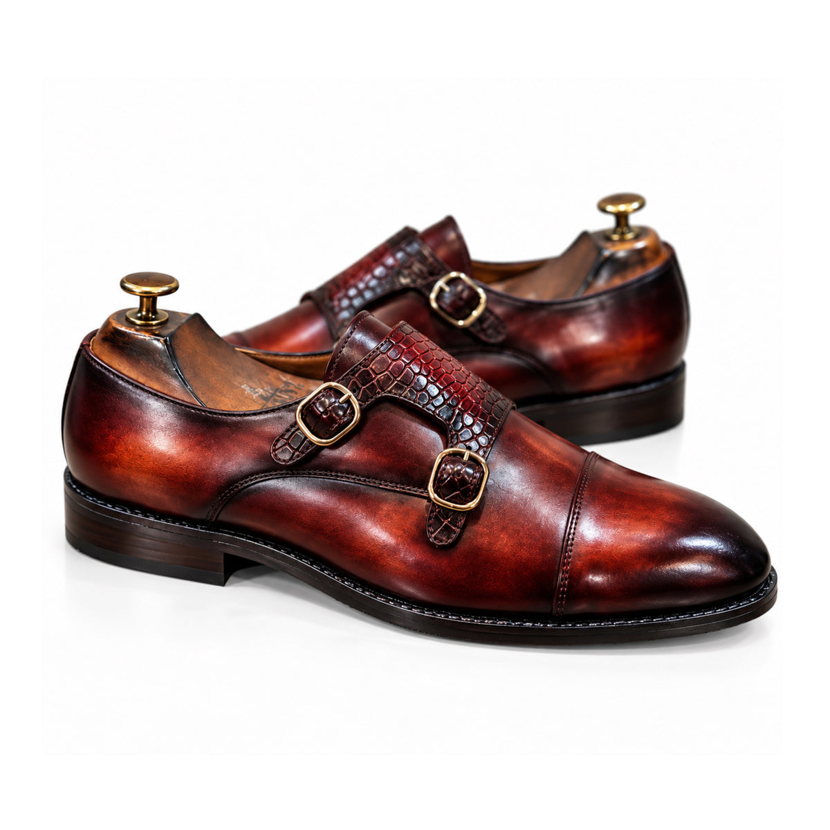 Bordeaux Hand-Patina Double Monk Shoes