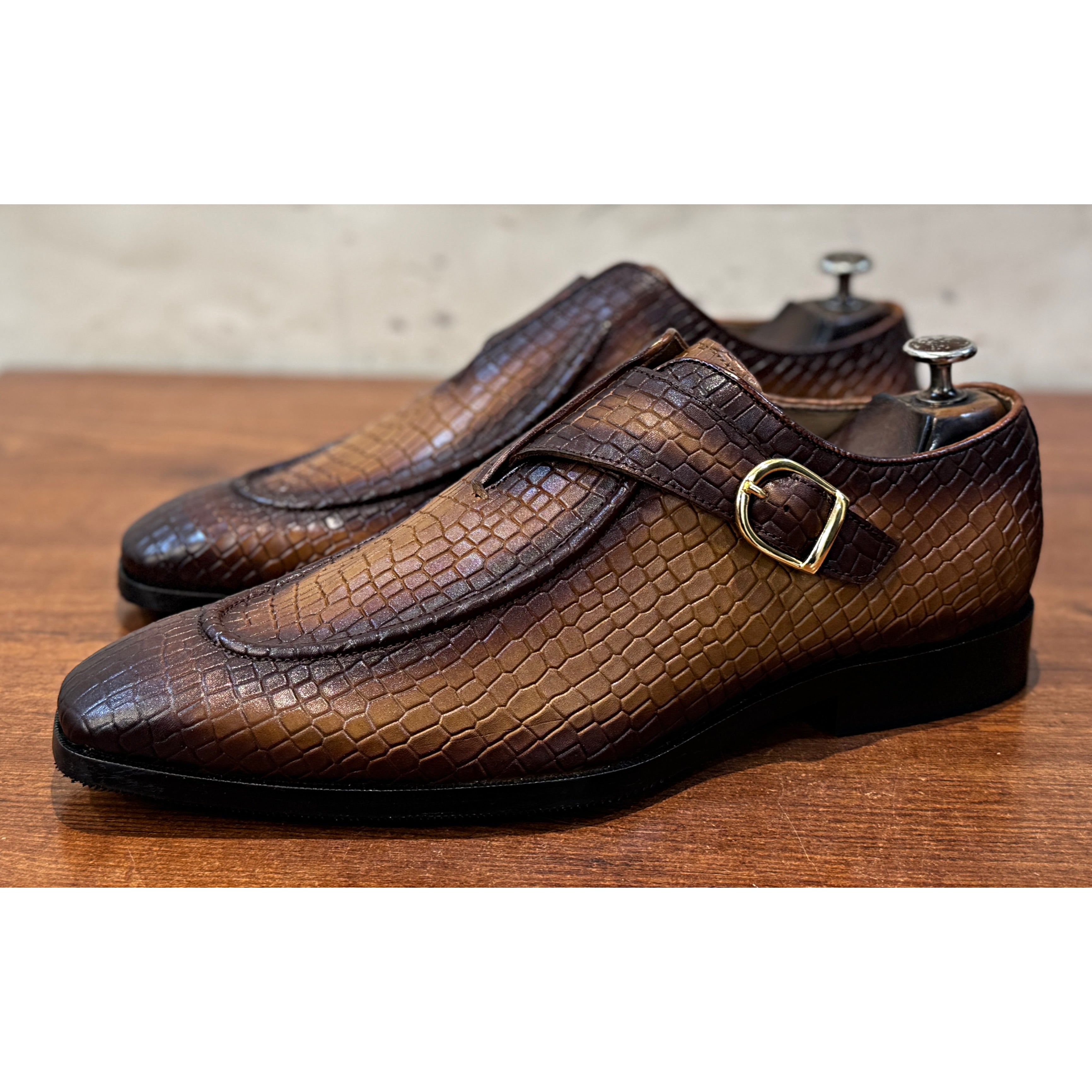 Monaco Croc Monk Strap Shoes Tan