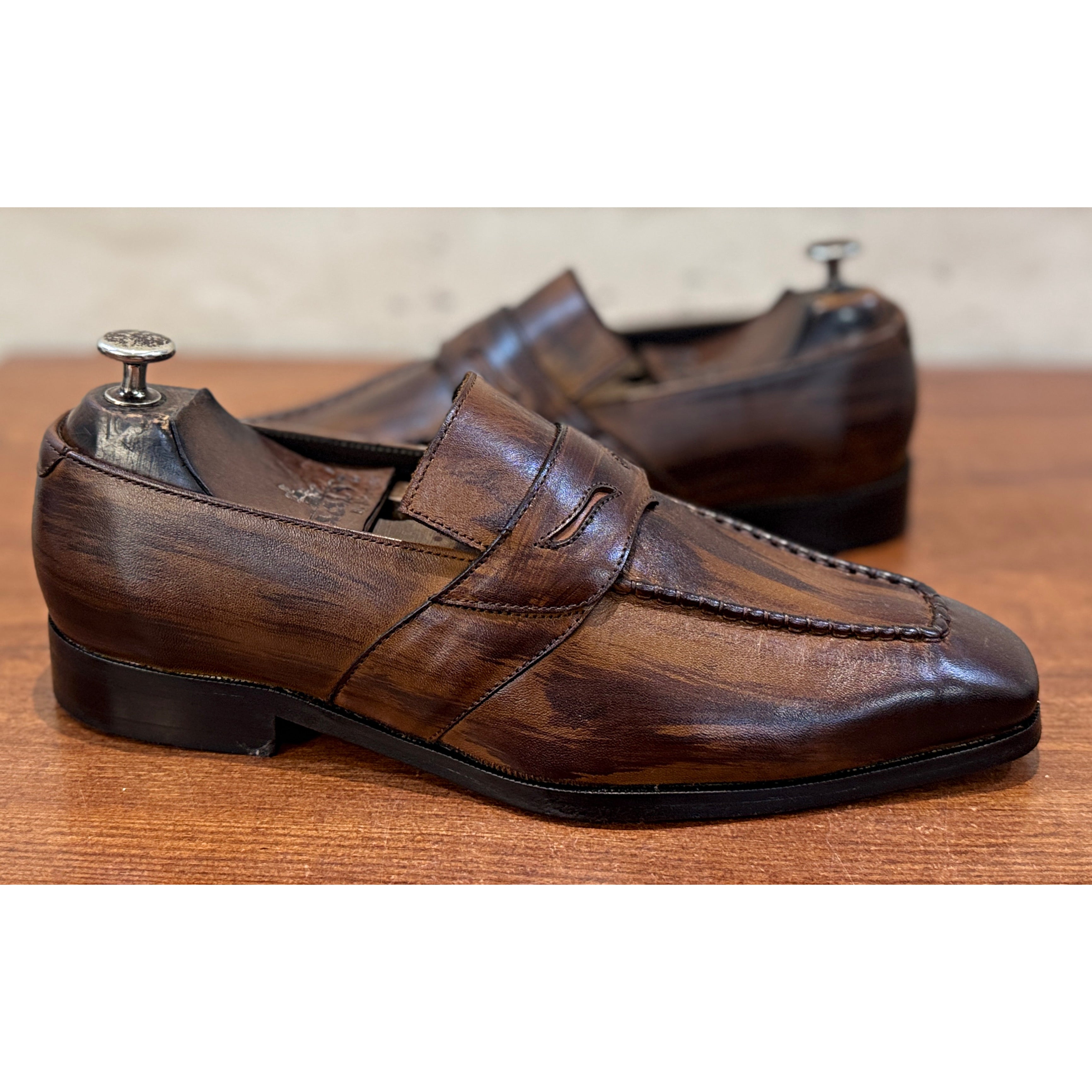 The Lorenzo Patina Loafer – Handmade Burnished Brown Penny Loafers