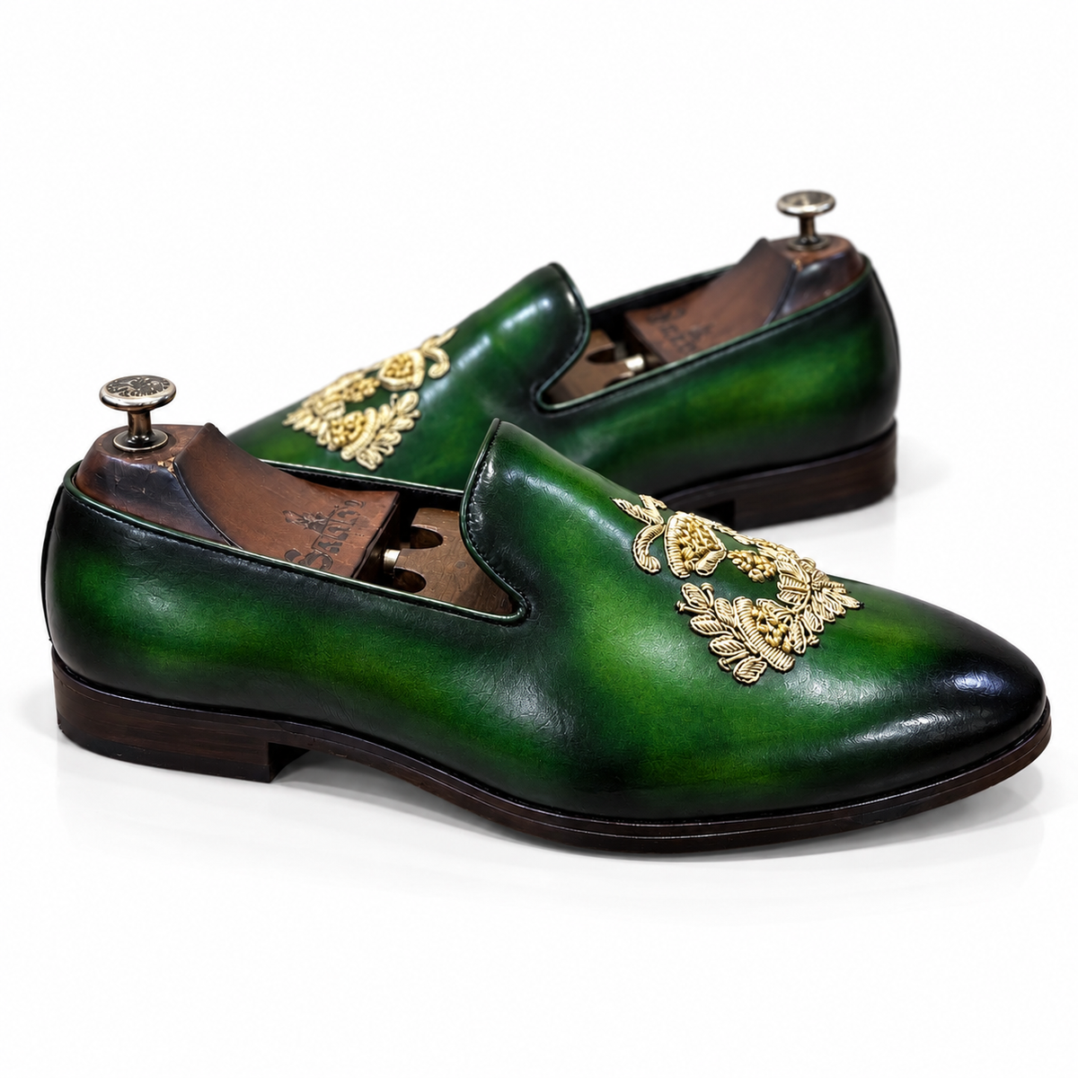 Viridian Royale – Emerald Green Gold Embroidered Loafers