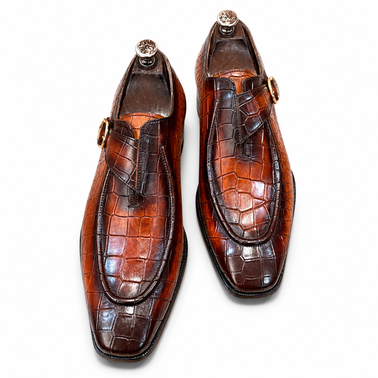 British Croc Patina Single Monk Shoes – Cognac
