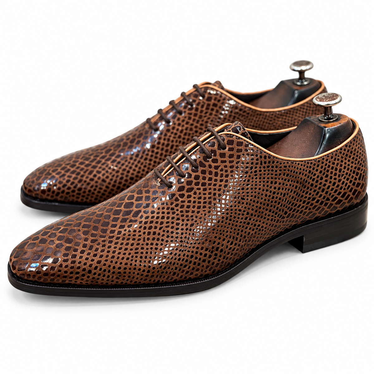 Cognac Snake Foil Leather Oxfords