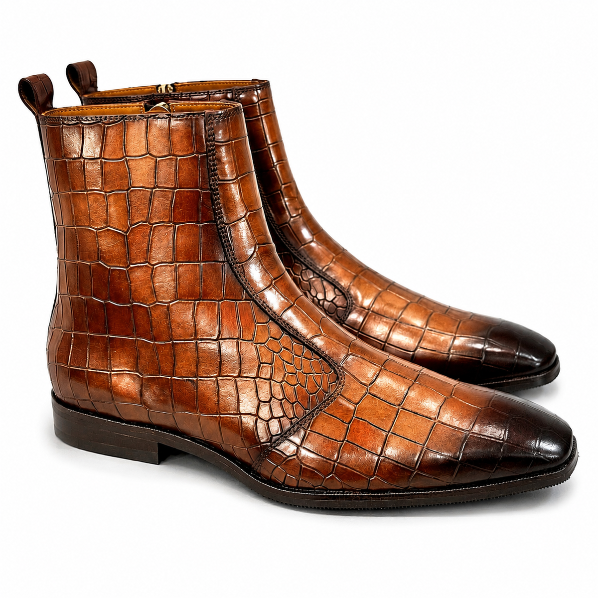 Cognac Croco Embossed Leather Ankle Boots