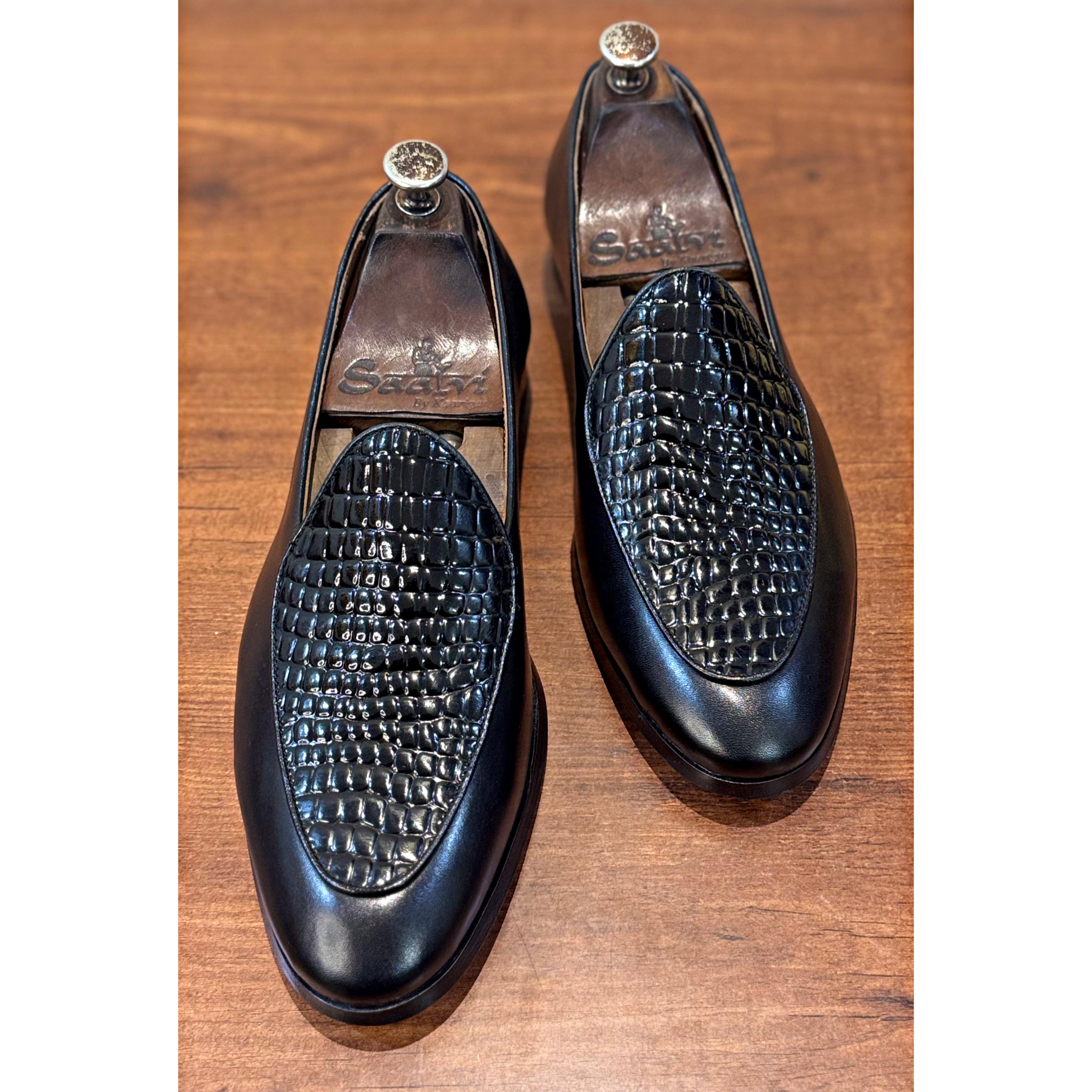 Midnight Croc Belgian Loafers – Luxury Black Embossed Slip-Ons