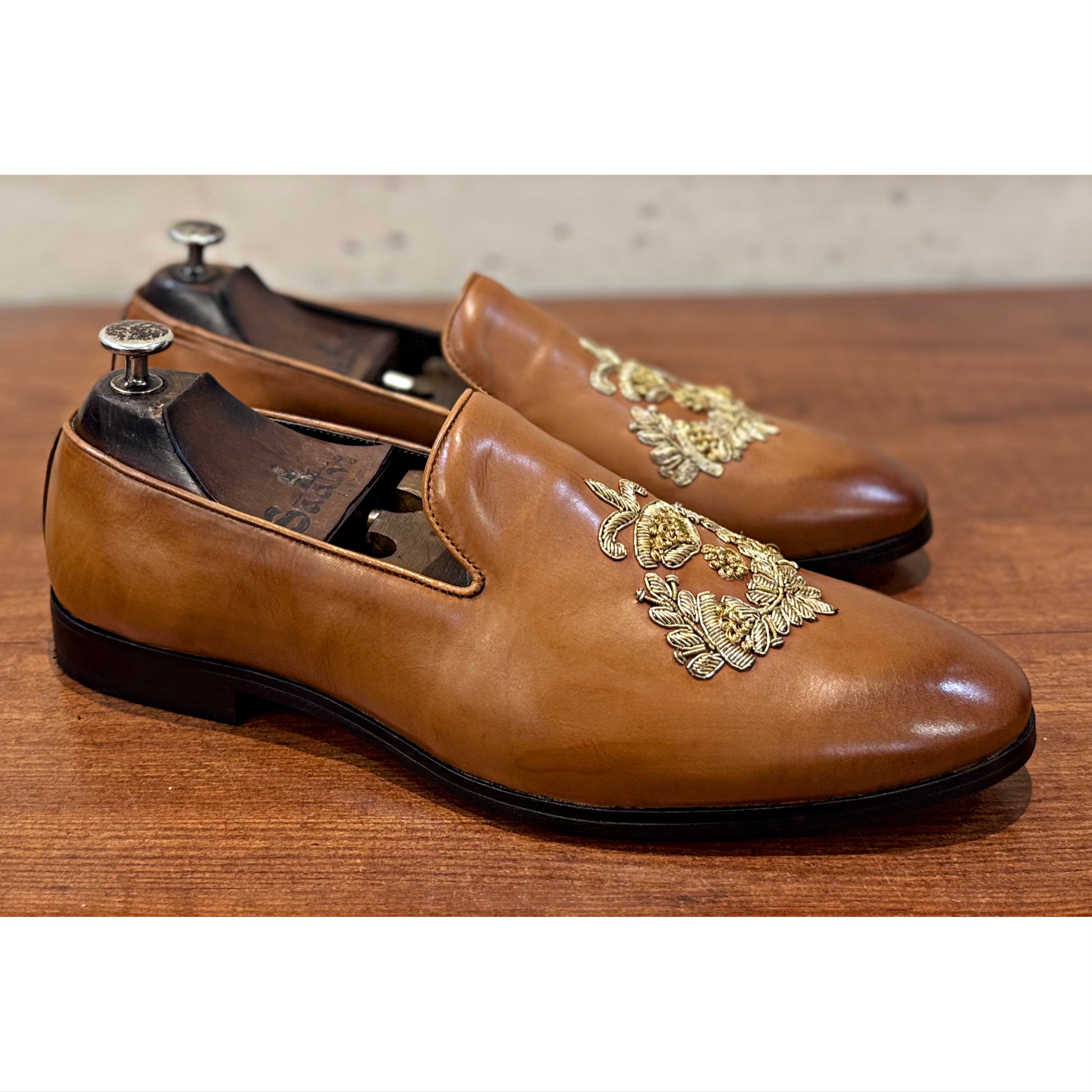 Light Tan Dabka Embroidery Slipon