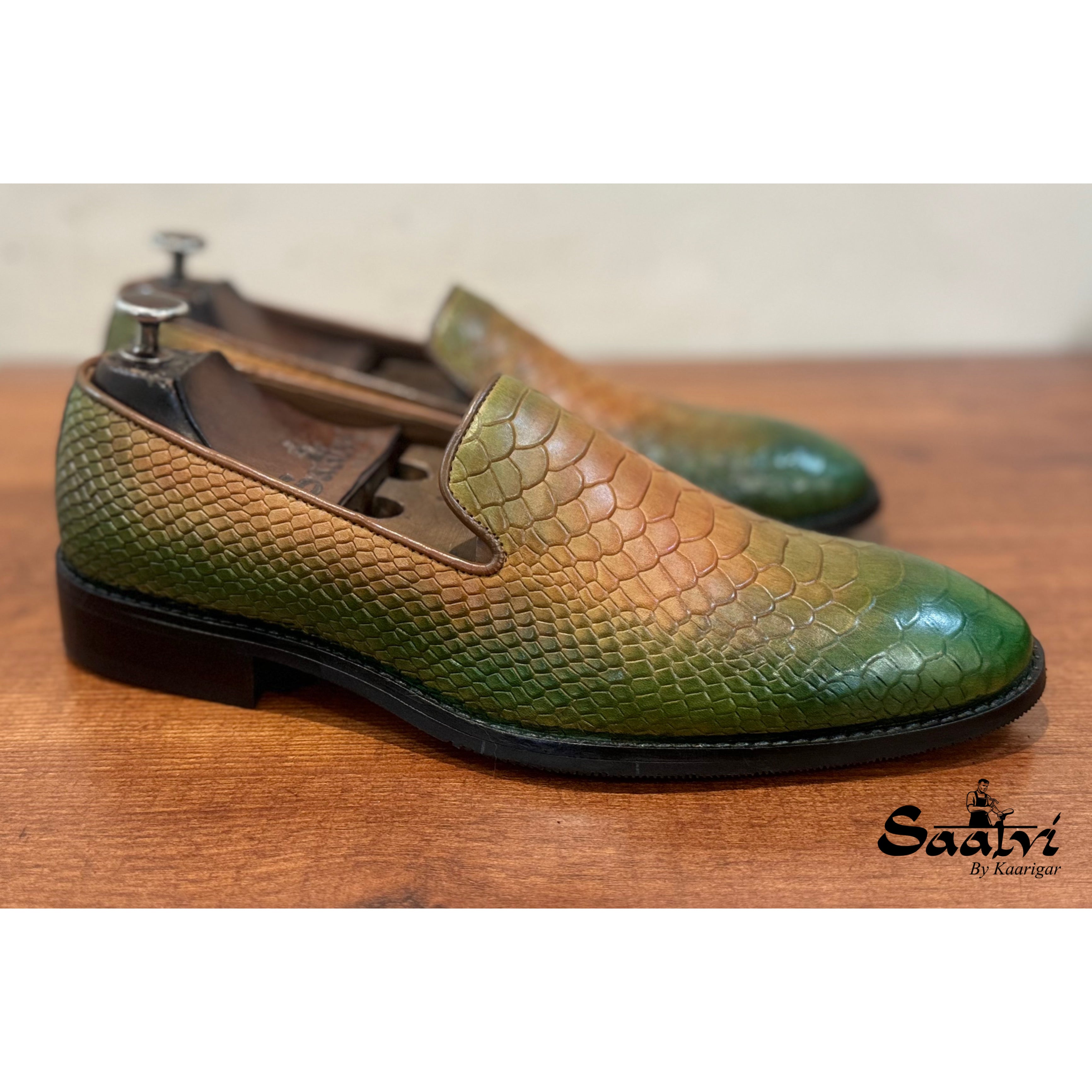 Python Embossed Loafers Tan Green